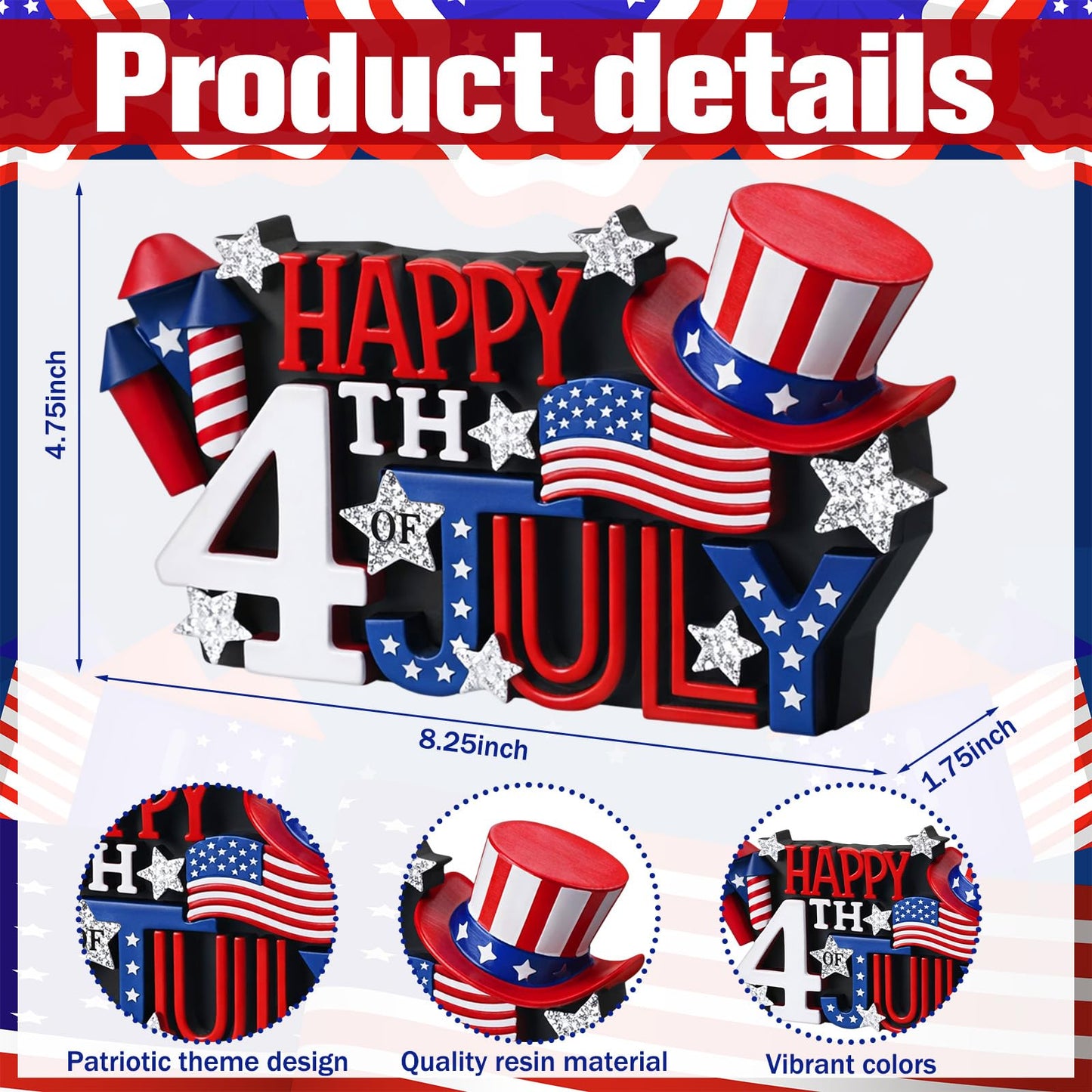Simgoing 1 Pack Happy 4th of July Decoration Resin Patriotic Figurines Table Decor Red Blue White Sign Independence Day Statue Tabletop Centerpiece for 250th Anniversary Home Office Tiered Tray Shelf