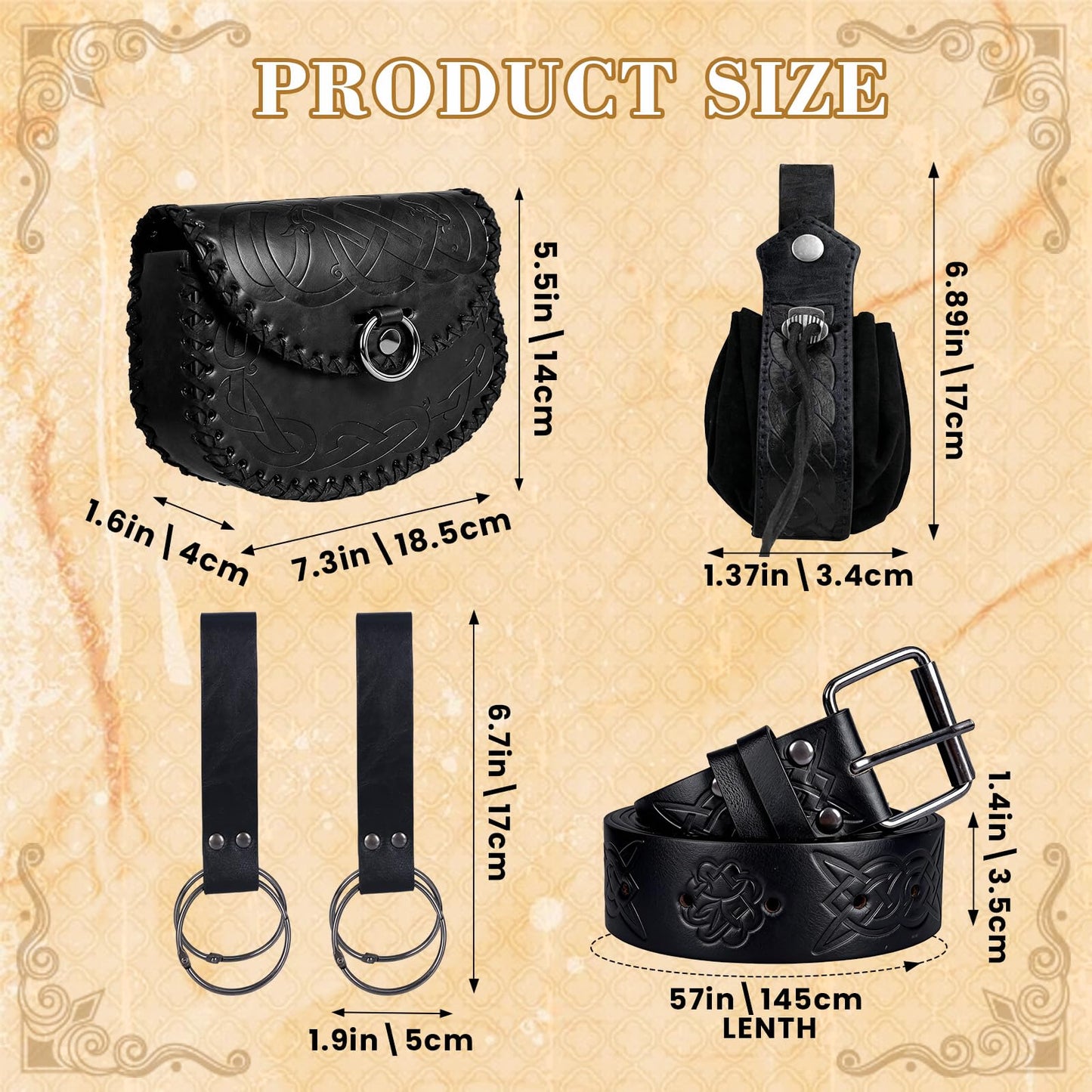 Renaissance Belt Pouch Waist Bag Set - Medieval Viking Pirate Coin Purse Skirt Hike for LARP Halloween Cosplay Accessories (Black)
