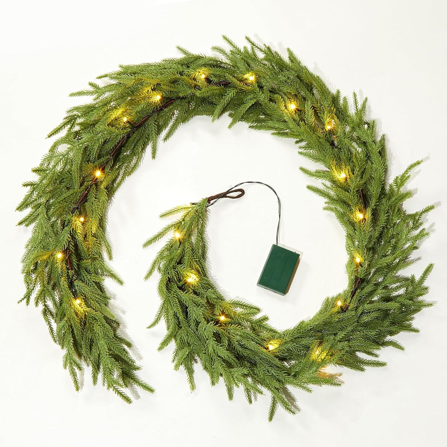Brightown Christmas Garland with Lights, 6Ft Norfolk Pine Garlands, Battery Operated, White Lights, Prelit Garland for Mantle Fireplace Stairs Wall, Door Indoor Outdoor Christmas Decorations, 2 Pack