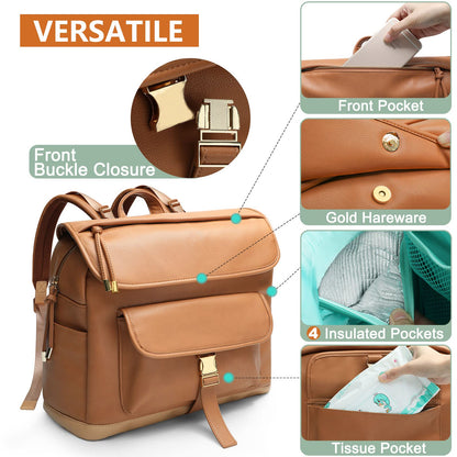 MOMINSIDE Diaper Bag Backpack, 12 Pockets Leather Mini Diaper Bag, Baby Bag Backpack, Baby Registry Search, 4 Insulated Pockets, Changing Pad, Stroller Straps(Brown)