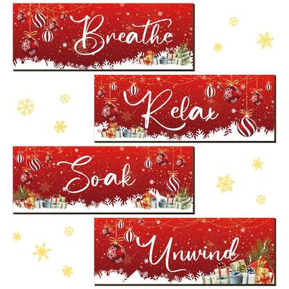 Huwena 4 Pcs Winter Bathroom Wall Decor Winter Wooden Decor Relax Soak Breathe Unwind Art Hanging Wall Pediments Rustic Xmas Wooden Sign for Xmas Home Living Room Laundry Spa(Ball)