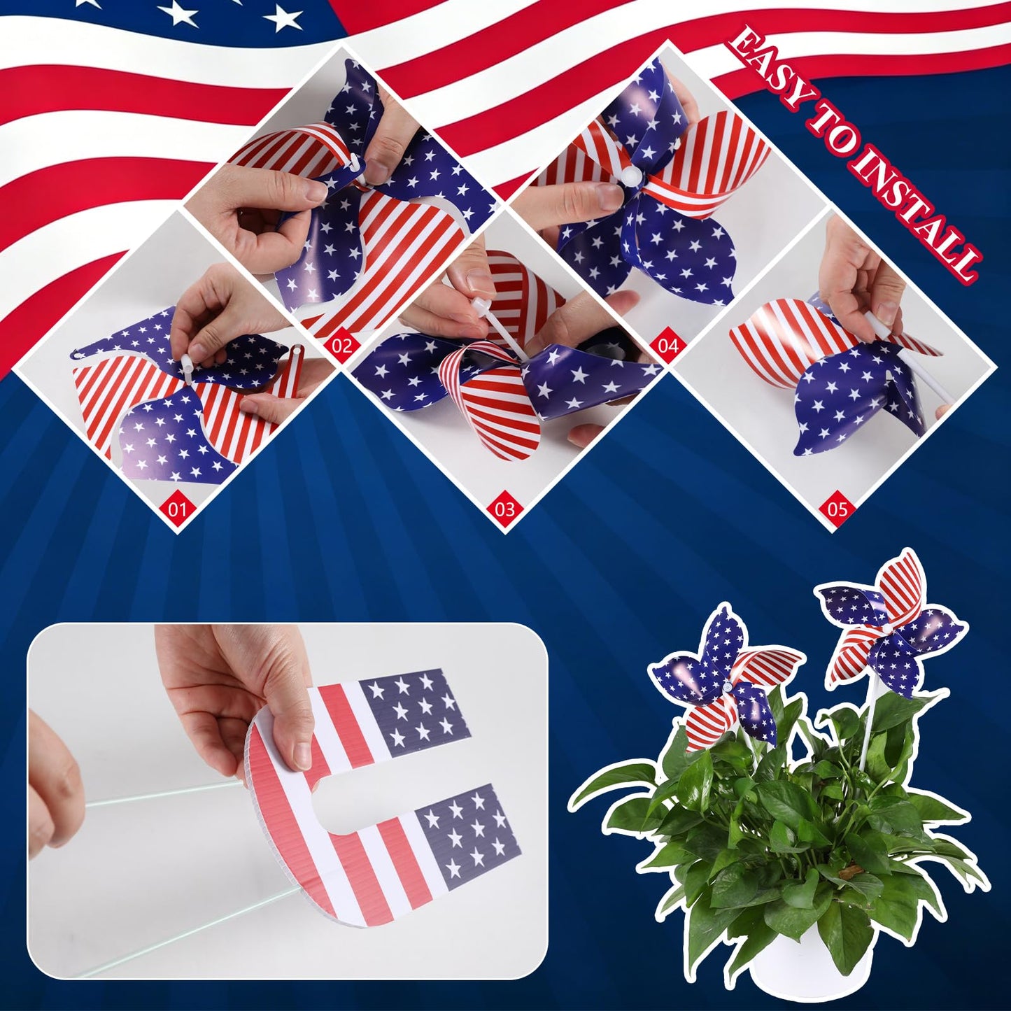 Nalanzhou 13Pcs 4th of July Outdoor Decoration Garden Stakes, 250th Patriotic Plastic USA Shape Yard Signs, Red White Blue Star Planter Stakes Pinwheels for Independence Day Memorial Day Anniversary
