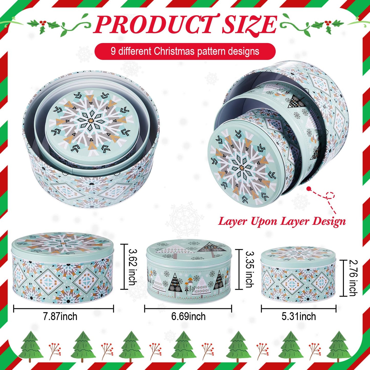 Yaomiao 9 Pcs Christmas Cookie Tins Set 3 Sizes Decorative Cookie Boxes Christmas Tins with Lids Holiday Treats Round Metal Nesting Containers Candy Biscuits Treat Boxes(Berries,Snowflakes,Tree)