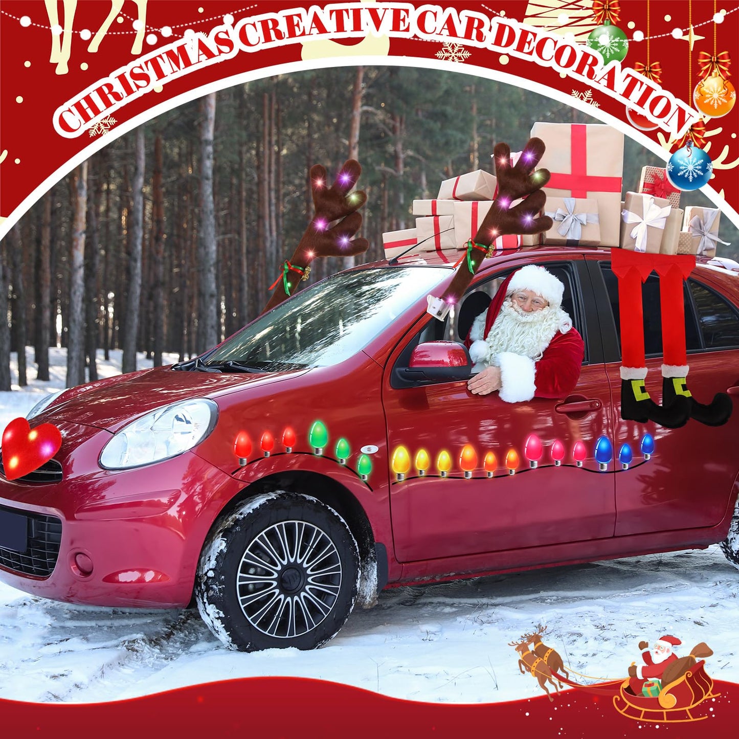 Datanly 34 Pcs Christmas Reindeer Antlers Car Kit Including Christmas Garland with Light String Antlers Nose Tail with LED Light Hanging Santa Legs Magnetic Decals Headrest Cover for Car Truck