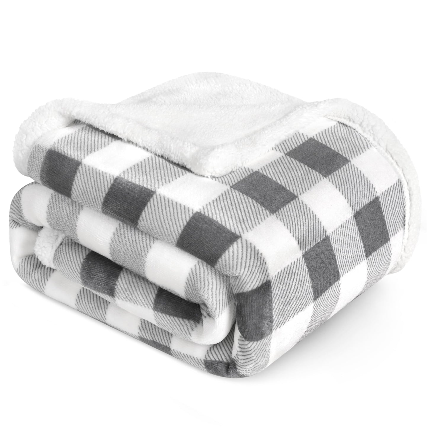 PAVILIA Light Grey Buffalo Plaid Sherpa Throw Blanket for Couch, Plush Light Gray Checkered Fleece Blanket and Throws, Soft Fuzzy Flannel Blanket for Sofa Bed, Warm Cozy Winter Blanket Gift, 50x60