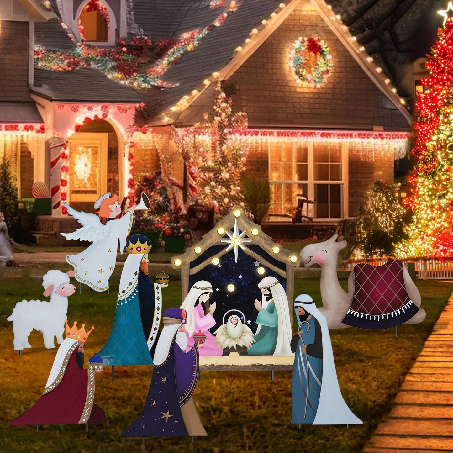 WONDER GARDEN Christmas Metal Yard Stakes, 8 Pack Angel Nativity Yard Sign, Outdoor Nativity Scene Garden Stakes Yard Signs, Outdoor Christmas Decorations for Lawn Party Outside