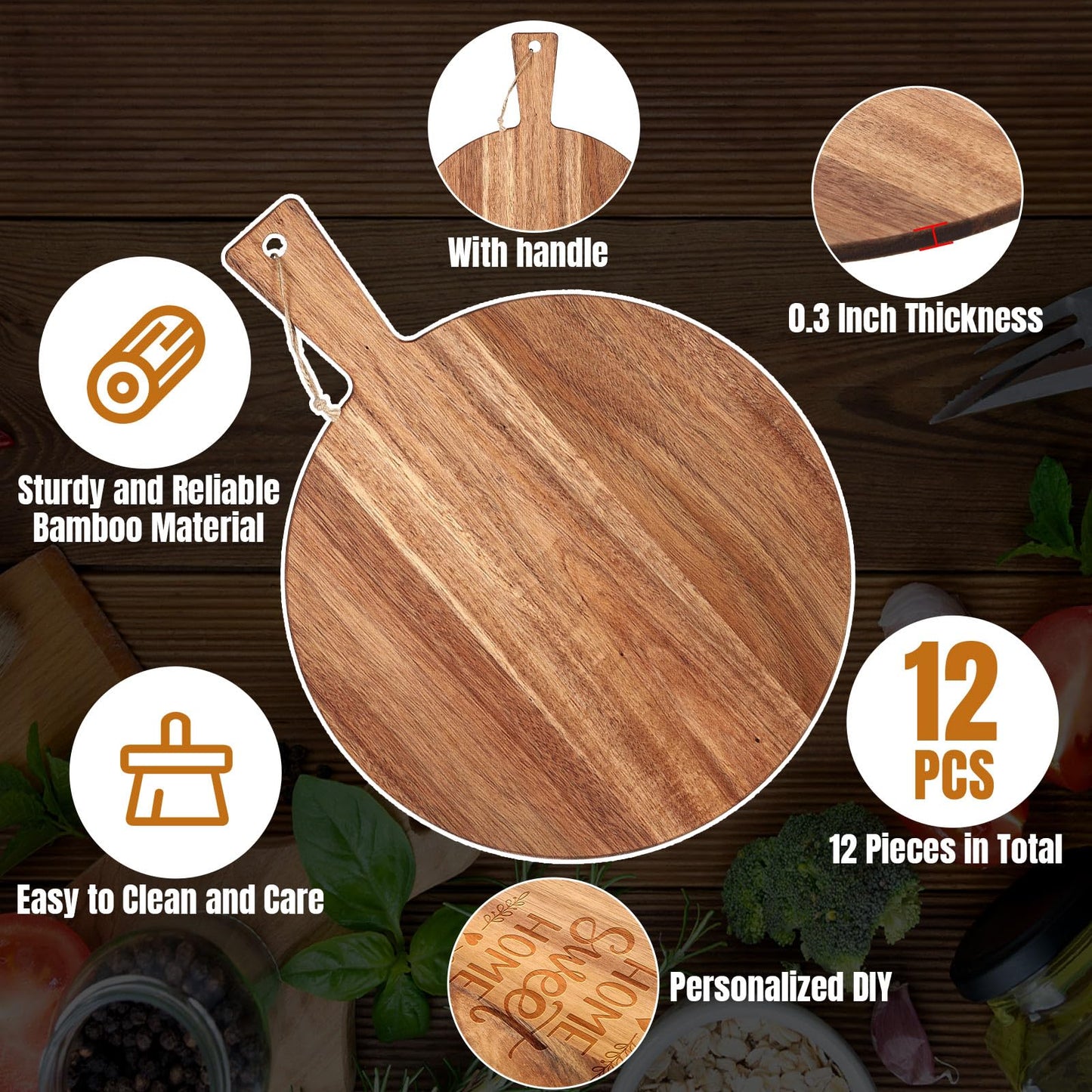 Patelai 12 Piece Round Wood Cutting Board with Handle Bulk Pizza Peel Laser Engraving Serving Charcuterie Cheese Bread Cutting Board Bulk Gifts for DIY Christmas Housewarming(Acacia Wood,13 Inch)
