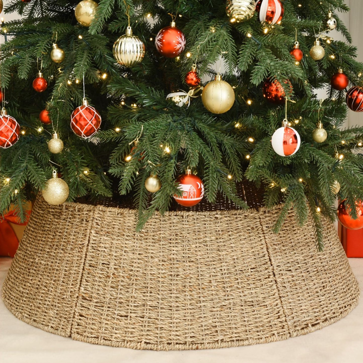 Rocinha 32 in Extra Large Rattan Christmas Tree Collar Basket - Rustic Handcrafted Christmas Tree Stand Cover Woven Tree Skirt Collar Christmas Tree Decoration Farmhouse Indoor Decorations for Home