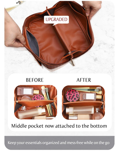 Large Capacity Travel Cosmetic Bag - PU Leather Makeup Organizer Bag Portable Woven Makeup Bags for Women Waterproof Travel Toiletry Bag with Divider Pouch, Brown