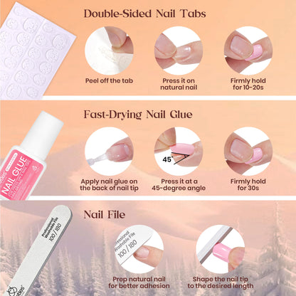Beetles Press on Nails Kit 720Pcs 24 Colors, Press on Nails Short Almond Glossy Matte Glitter With Nail Glue & Nail Tabs Stickers, Natural Fit Lightweight Fake Nails Kit Art For Women Girls