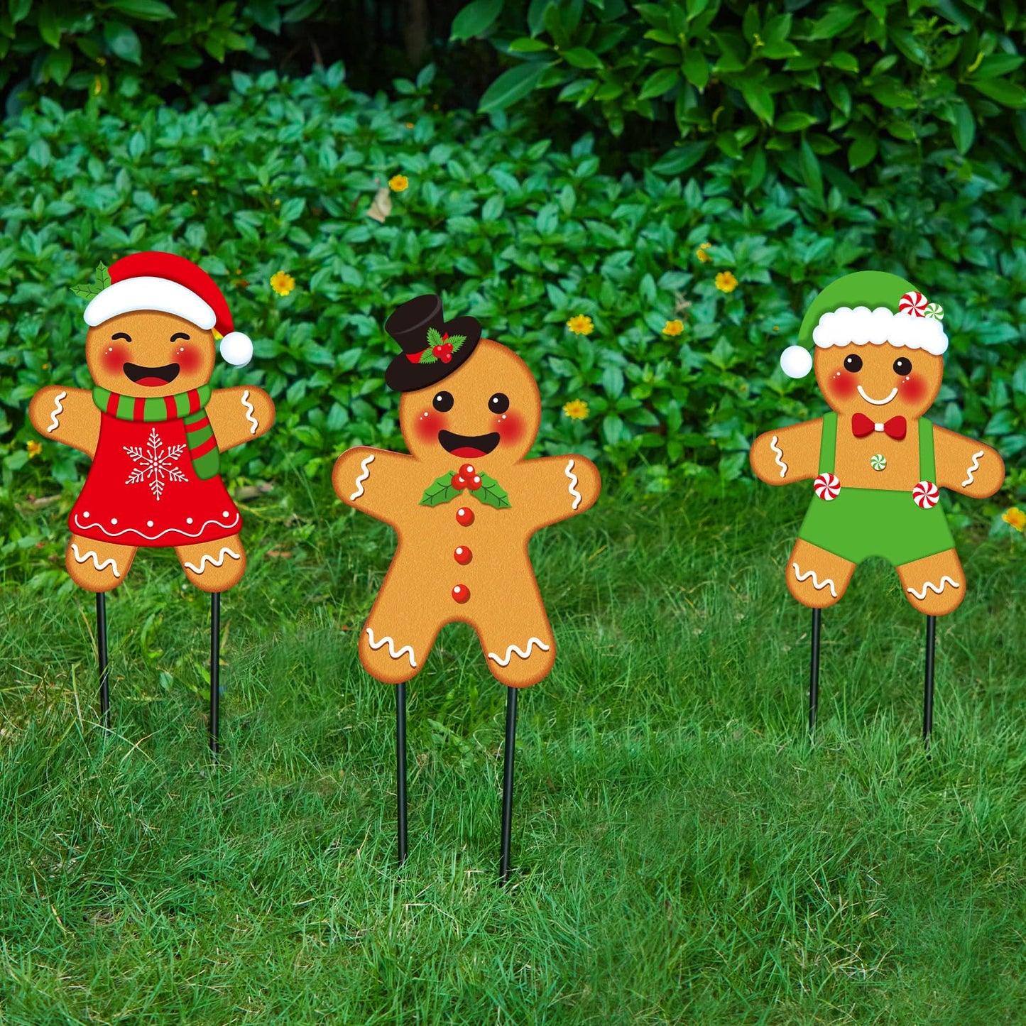 Drydiet 3 Pack Metal Christmas Yard Signs Decor Xmas Yard Stakes Outdoor with Stakes for Holiday Outdoor Garden Lawn Pathway Decoration(Gingerbread Man)