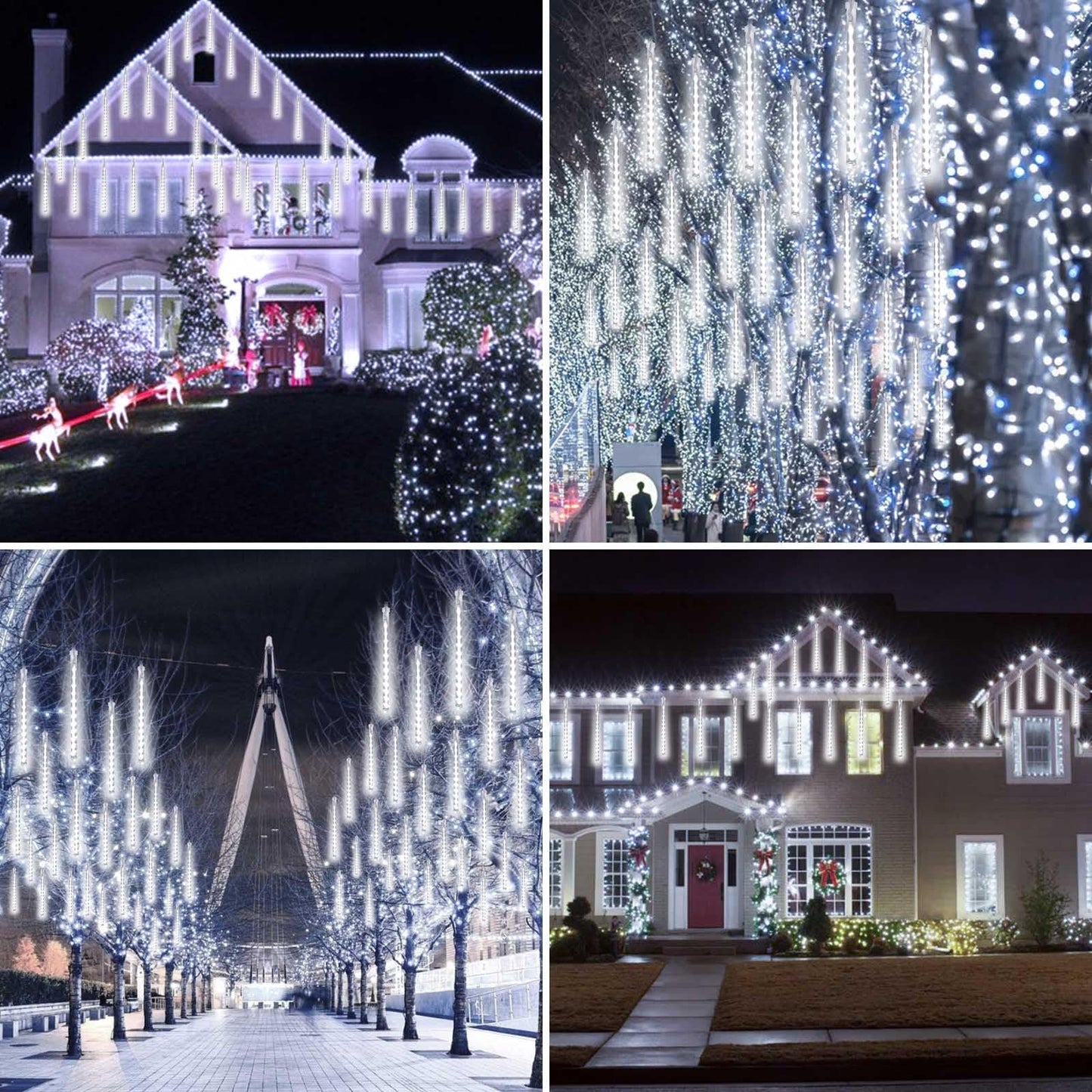 2 Pack Christmas Lights Outdoor, Expandable Meteor Shower Lights with Timer, Waterproof Falling Rain Light with 16 Tubes 384 LED Plug in, Suitable for Garden House Xmas Tree Decorations (Cool White)