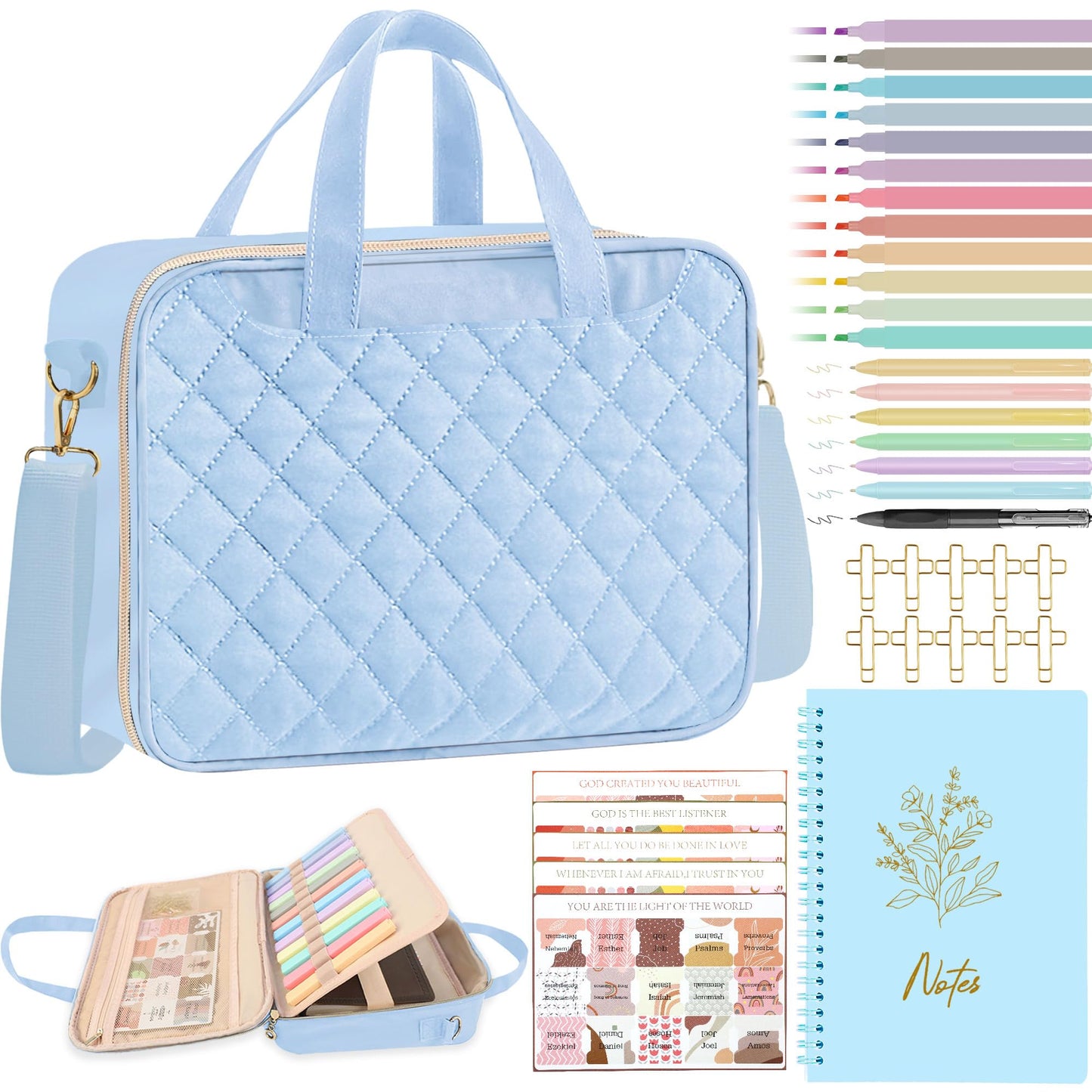 PUGPIU Bible Cover Case for Women, Large Quilted Bible Bag with Shoulder Strap and Handle, Bible Study Supplies Journaling Kit with Highlighters Pens No Bleed Tabs Notebook Cross Clips (Light Blue)