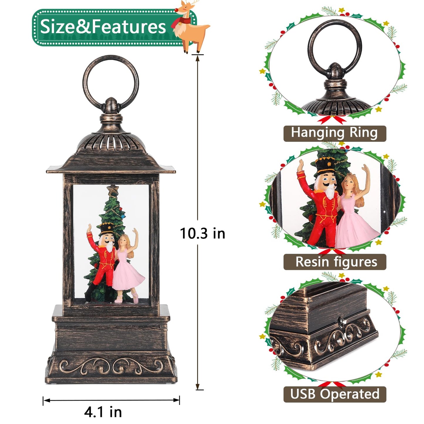 Christmas Snow Globe Decorations, Musical Glitter Nutcracker Lantern with 6H Timer, USB/Battery Powered Lighted Décor for Home, Tabletop, Gift Box