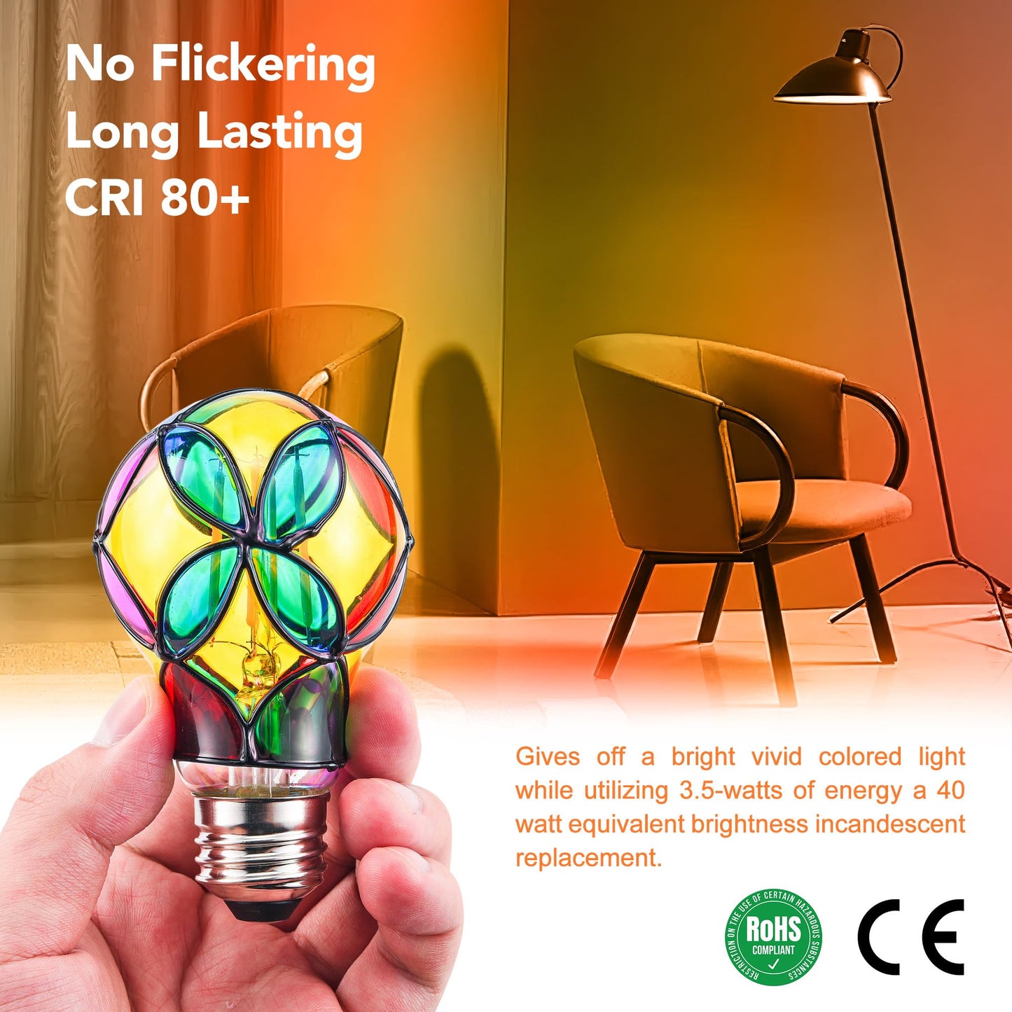 Kitmose 4 Pack Stained Glass Light Bulbs, LED Edison Light Bulb E26 3.5W Replacement Light Bulbs Tiffany Style for Bedroom Living Room Home Christmas Decoration