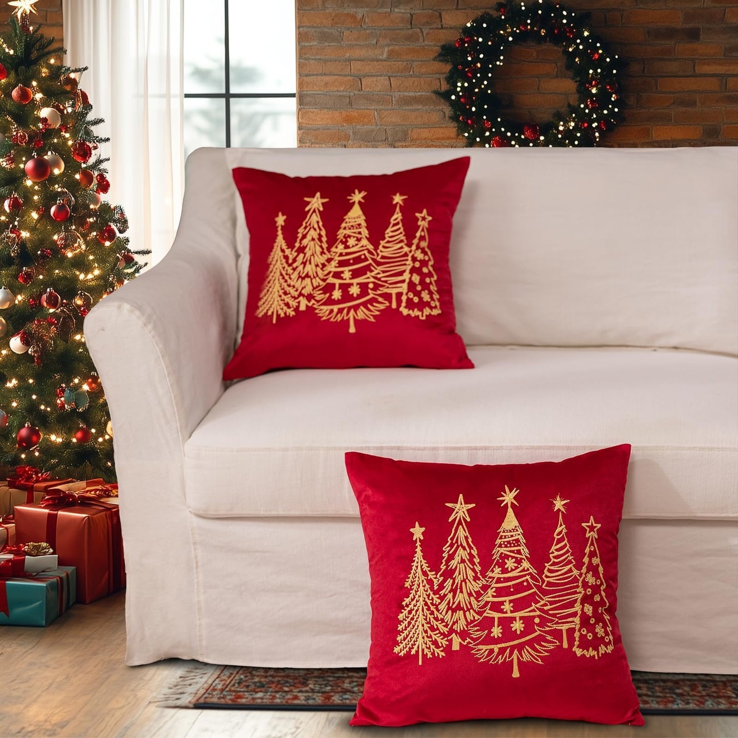 GEEORY 2-Pack Embroidered Luxurious Velvet Christmas Tree Pillow Covers, Xmas Decorations Farmhouse Throw Pillows Winter Holiday Decor Cushion Case for Sofa & Bed Red Gold GX008-18