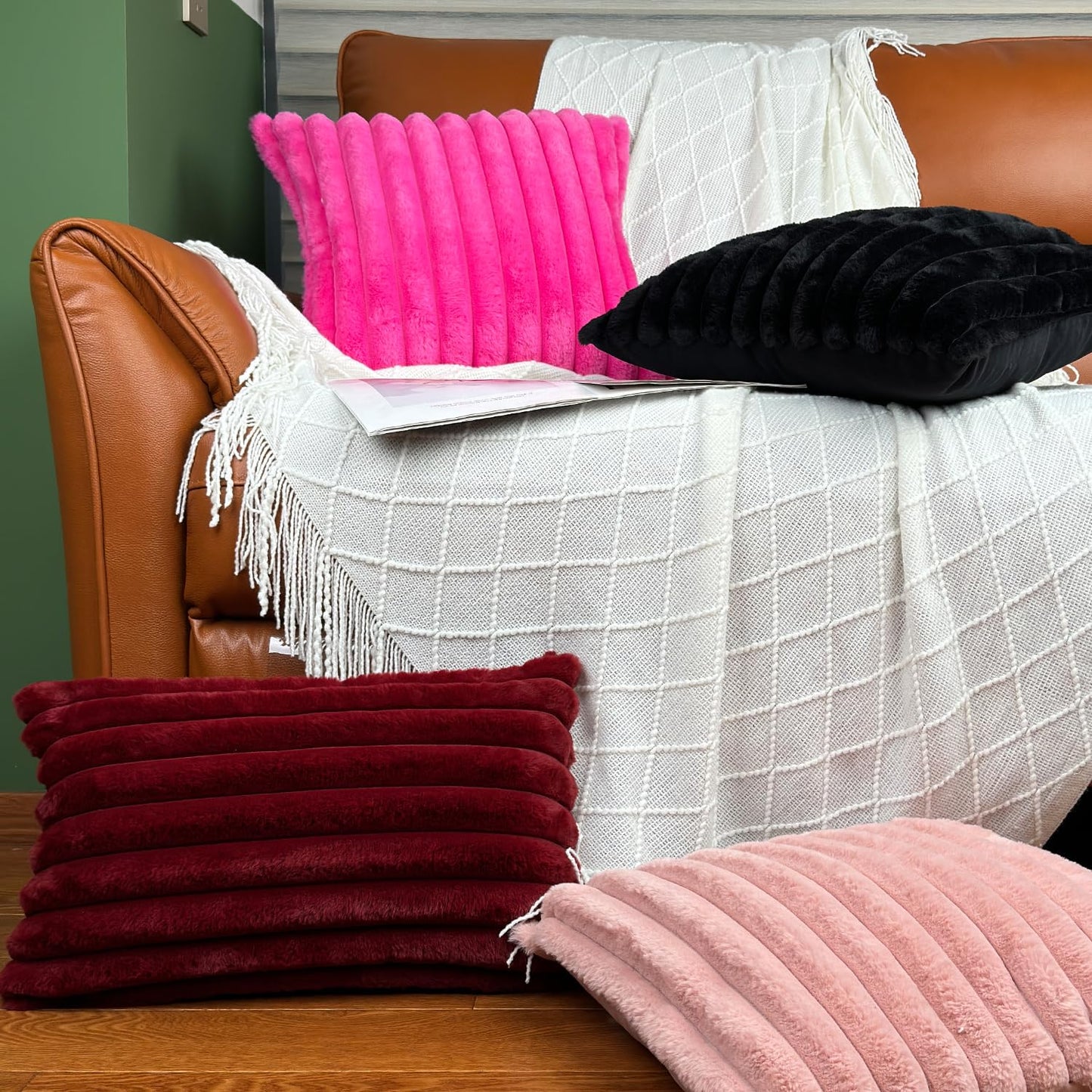 18x18 Throw Pillow Covers Set of 2, Decorative Faux Fur Covers for Bed, Couch Soft Fluffy Pillow Cover with Velvet Back for Living Room, Neutral Home Décor Accent for Sofa - Pink