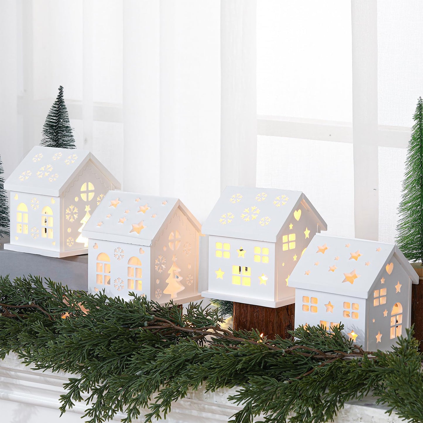 Reallnaive 2 Set Christmas Village House Silicone Molds Plaster Epoxy DIY Craft Making Mold White House Buildings Lantern Casting Xmas Tabletop Decoration for Home Indoor Xmas