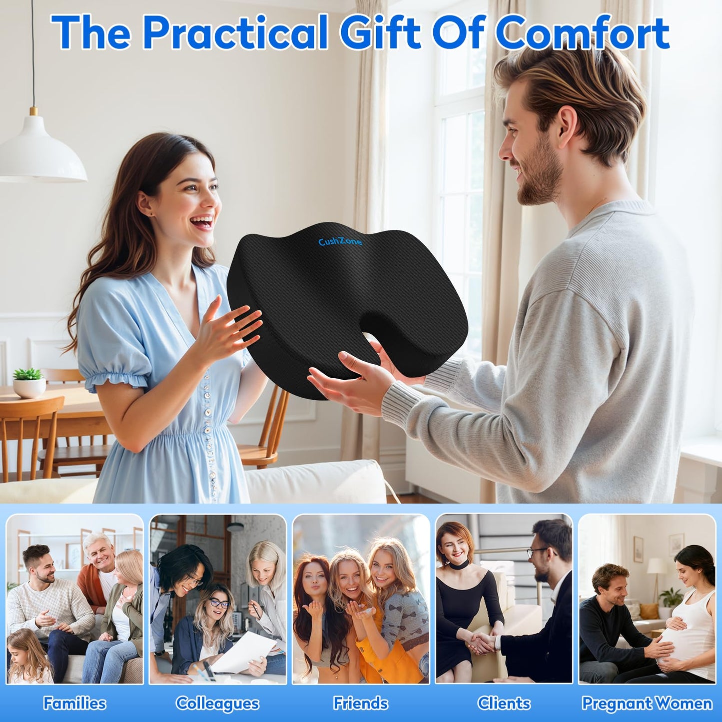 CushZone Seat Cushion - Memory Foam Office Chair Cushion for Sciatica, Tailbone & Back Pain Relief - Orthopedic Coccyx Pillow for Car, Airplane, Pregnancy & Long Sitting at Work, Black