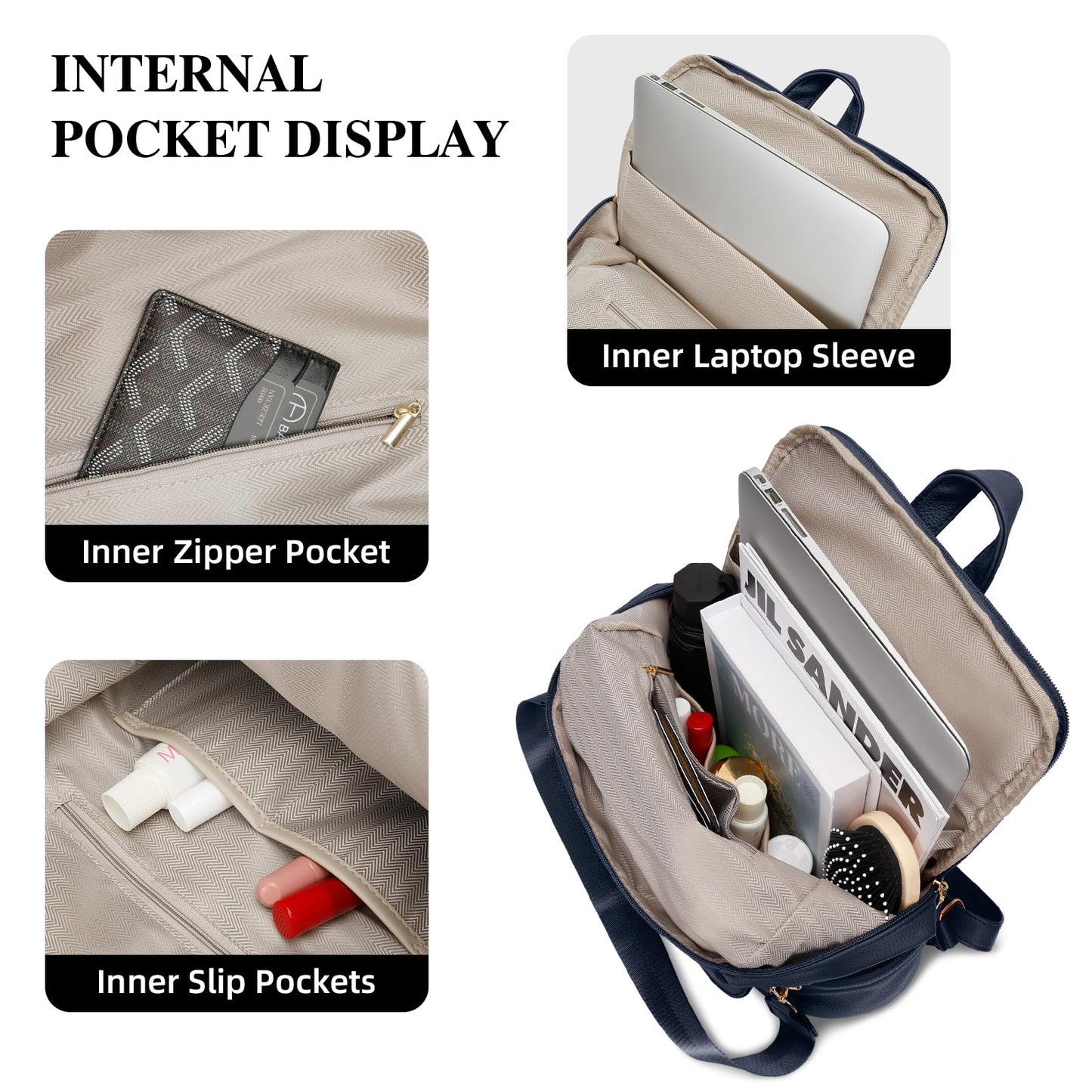 KKXIU Backpack Purse for Women - Multi-pocket Leather backpack for Travel, Work & School with Anti-Theft Lock Pocket, Luggage Strap & Water Bottle Pockets - 13x14x5.2 Inch (Navy)