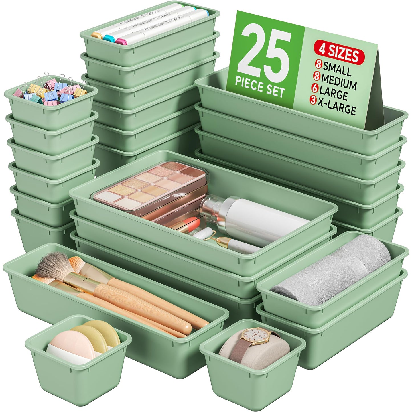 KEMETHY 25 PCS Plastic Drawer Organizers Set, 4 Sizes Vanity Organizer, Makeup and Desk Drawer Organizer Trays, Organization and Storage for Makeup, Bathroom, Kitchen Utensils and Office (Green)