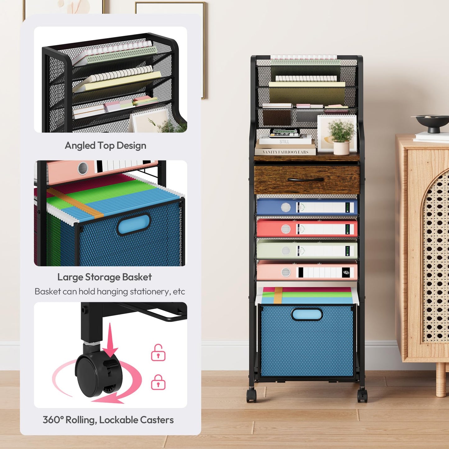 SWTYMIKI 10-Tier Rolling File Cart - Mesh Paper Organizer with Drawer & Hanging File Folders on Lockable Wheels, Rolling File Cabinet for Office Organization, Storage in Home, Studio, School, Espresso
