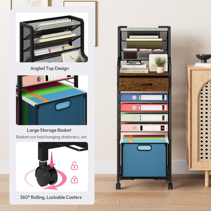 SWTYMIKI 10-Tier Rolling File Cart - Mesh Paper Organizer with Drawer & Hanging File Folders on Lockable Wheels, Rolling File Cabinet for Office Organization, Storage in Home, Studio, School, Espresso