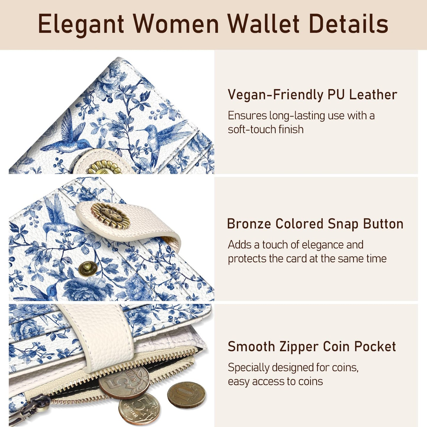 Kelvoris Bird Small Rfid Women Wallet Bifold Zipper Coin Pocket PU Leather Compact Cash Credit Card Holder Travel Wallet for Female Ladies Teen Girls 1 ID Window 10 Card Slots