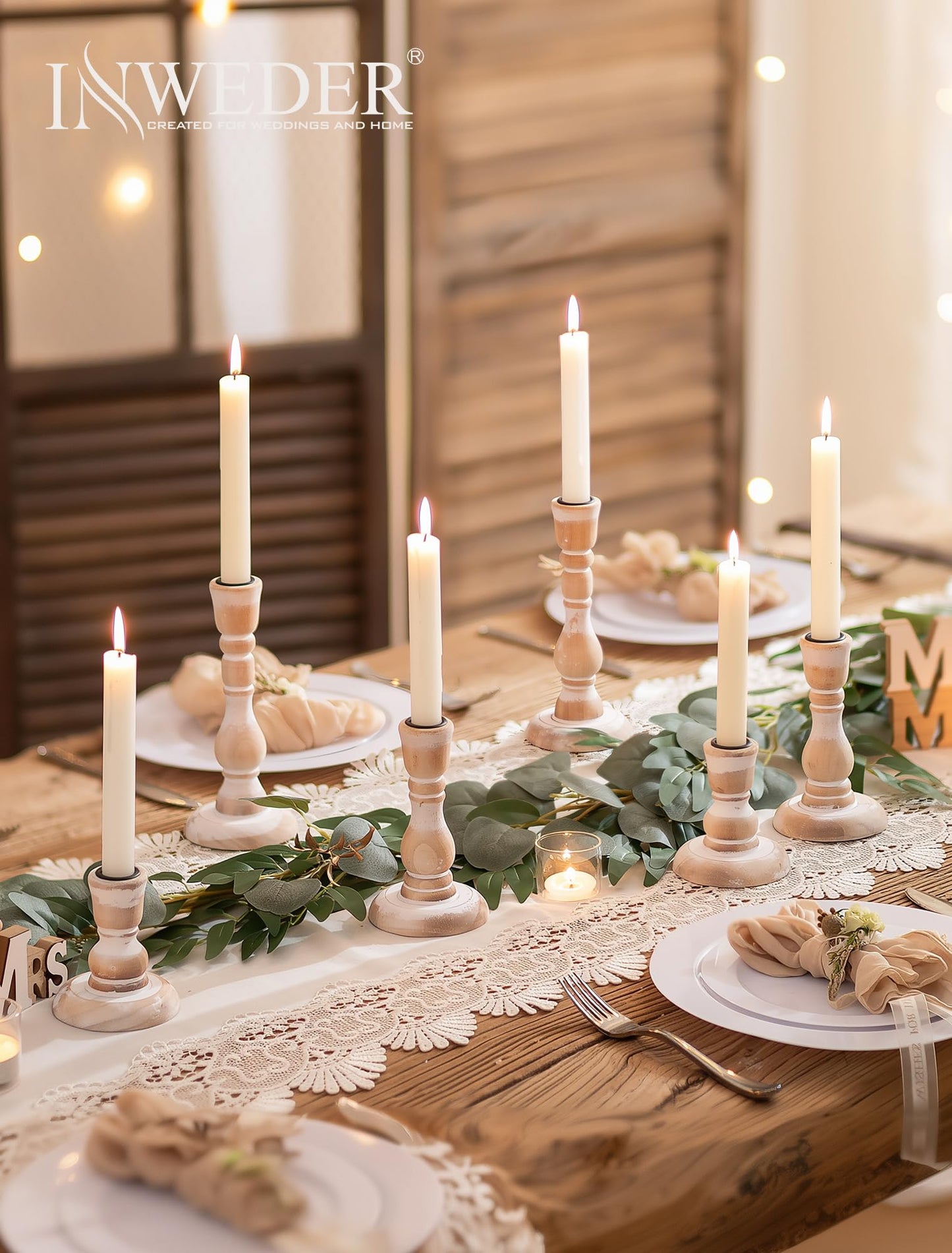 Inweder Wooden Candlestick Holders Rustic: Farmhouse Wood Taper Candle Holders Boho Candle Sticks Holder Fall Decor for Dinning Table Mantle Party Holiday Christmas Wedding Home Set of 6