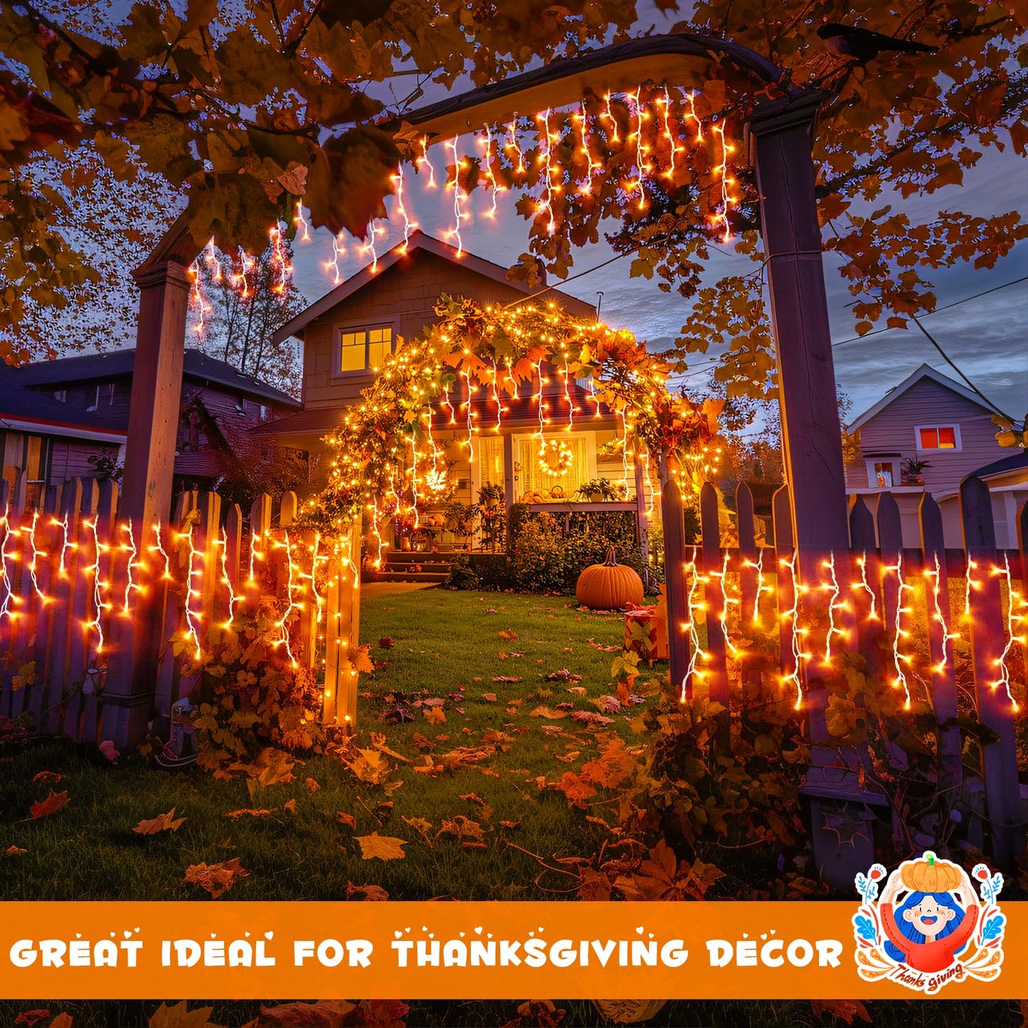 JMEXSUSS Orange Thanksgiving Lights Outdoor, 38.8 FT 400 LED Orange Icicle Lights Outdoor Waterproof, 8 Modes String Light Plug in for Fireplace Tree Garden Patio Thanksgiving Fall Halloween Decor