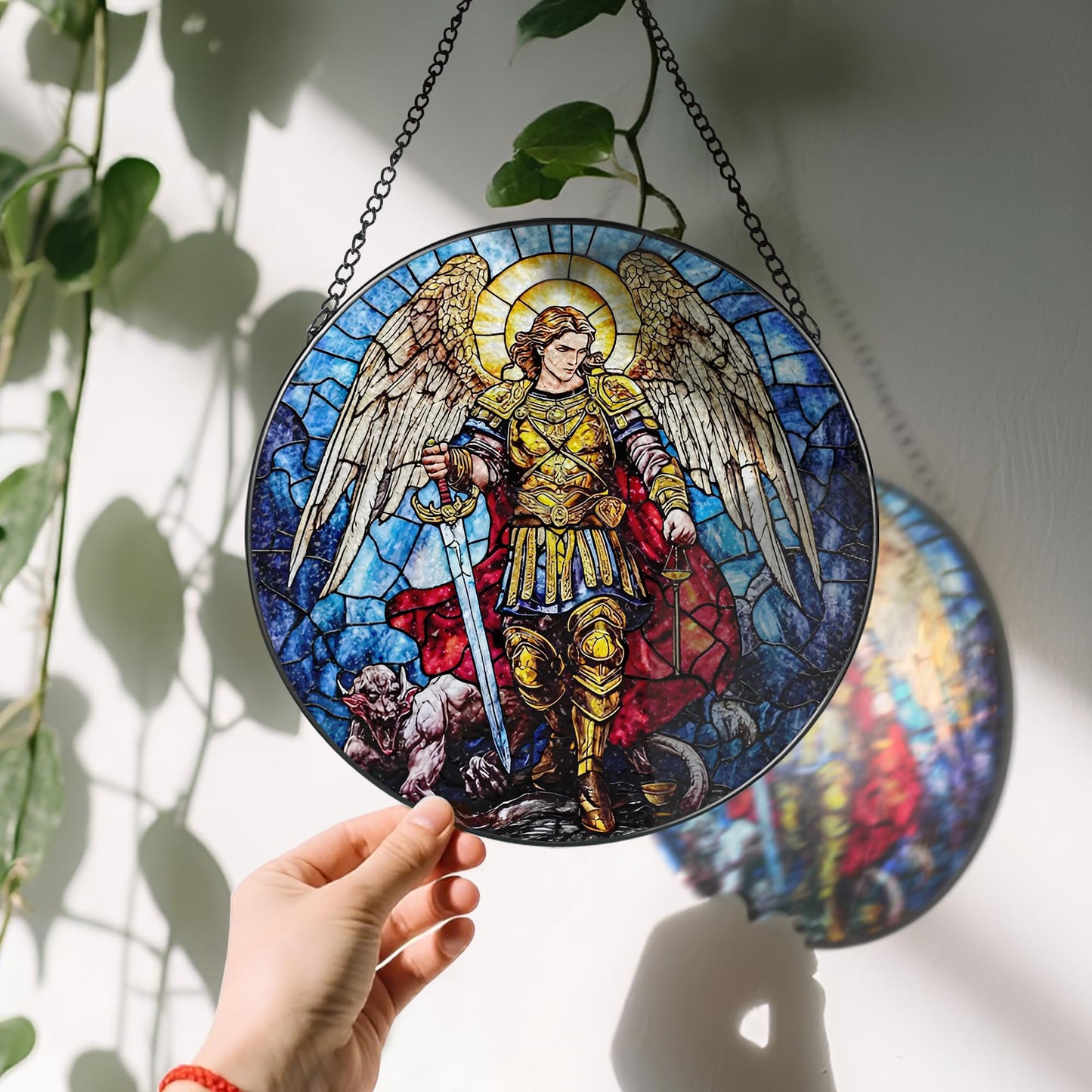 Stained Glass Suncatcher, Archangel Michael Sun Catcher Ornament; Stained Glass Window Hanging, Spiritual Protection Decor, Christmas Ornament; Christian Gifts, Religious Gifts