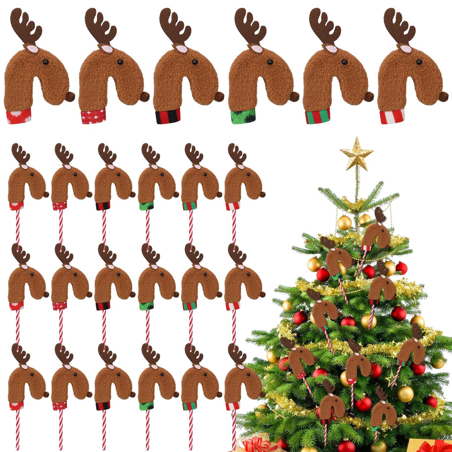 Poen 24 PCS Felt Reindeer Candy Cane Covers Christmas Candy Cane Holders Sleeves Reindeer Candy Cane Ornament for Xmas Holiday Home Office Decor Classroom Gifts Party Favors,Candy Canes Not Included