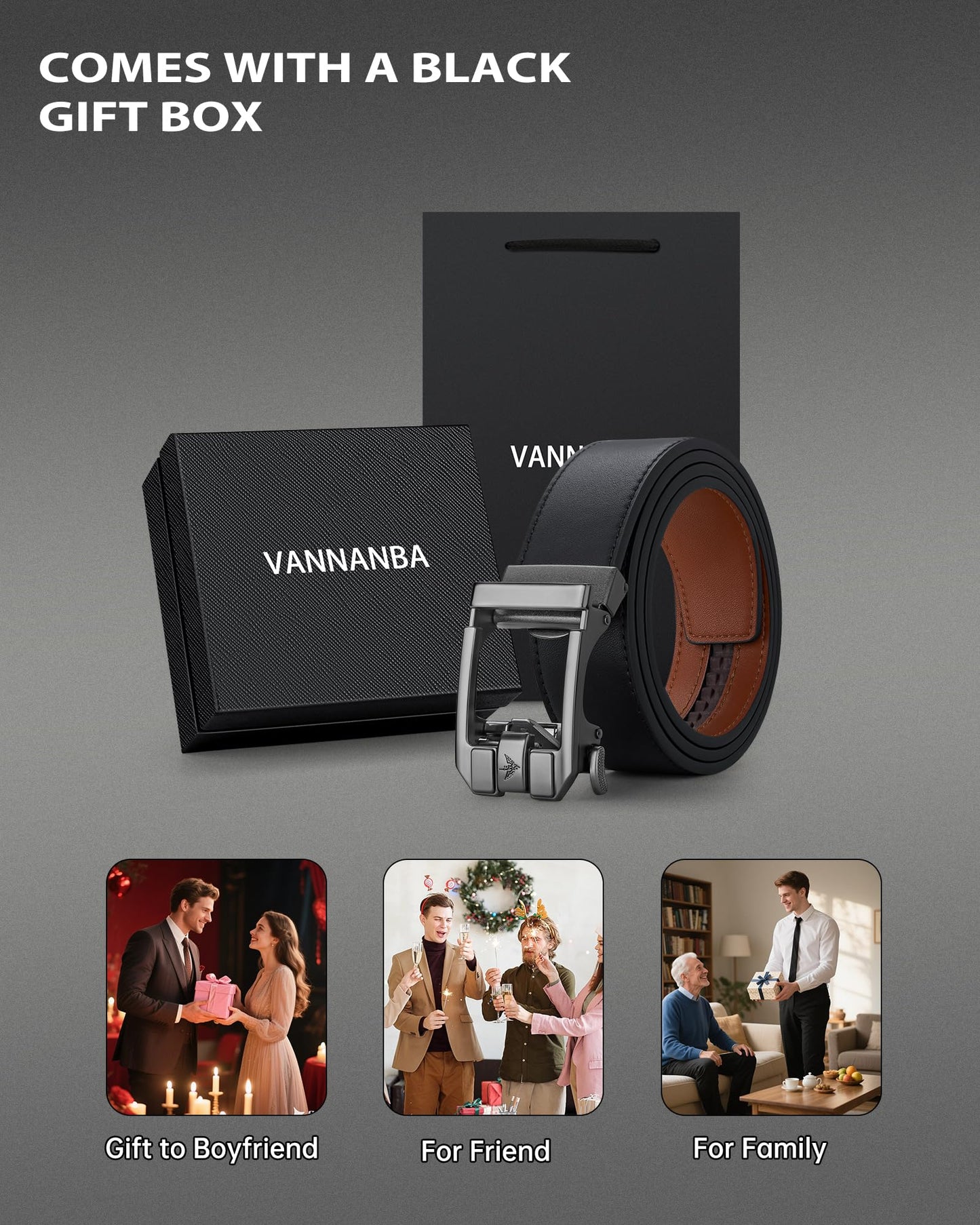 VANNANBA Men's Ratchet Belt Click Leather Adjustable Belts 1 3/8" with Alloy Automatic Buckle Gift Box for Casual Dress Pants, Cut for Fit