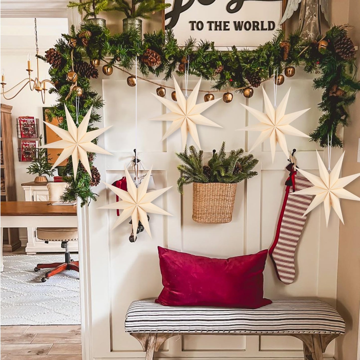 BestoFun 12 Inches 5 PCS Beige Paper Star Lanterns Christmas Party Decorations Hanging Stars Christmas Party Decorations Wedding Birthday Christmas Home Party Decorations(9 Pointed)