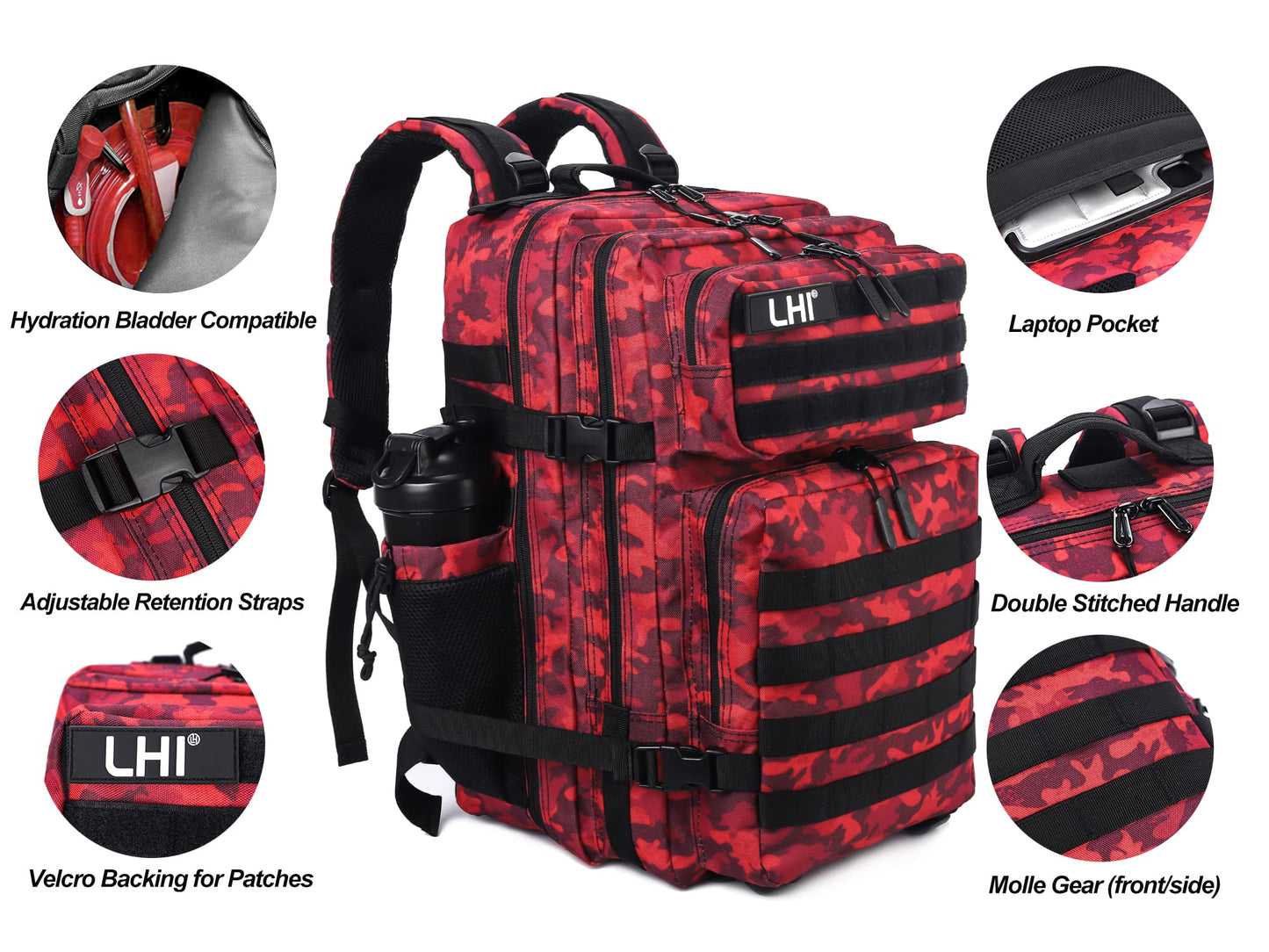 LHI Military Tactical Backpack for Men Molle Daypack 45L Army 3 Days Assault Pack Bag Large Rucksack With Bottle Holder(12*20*12)