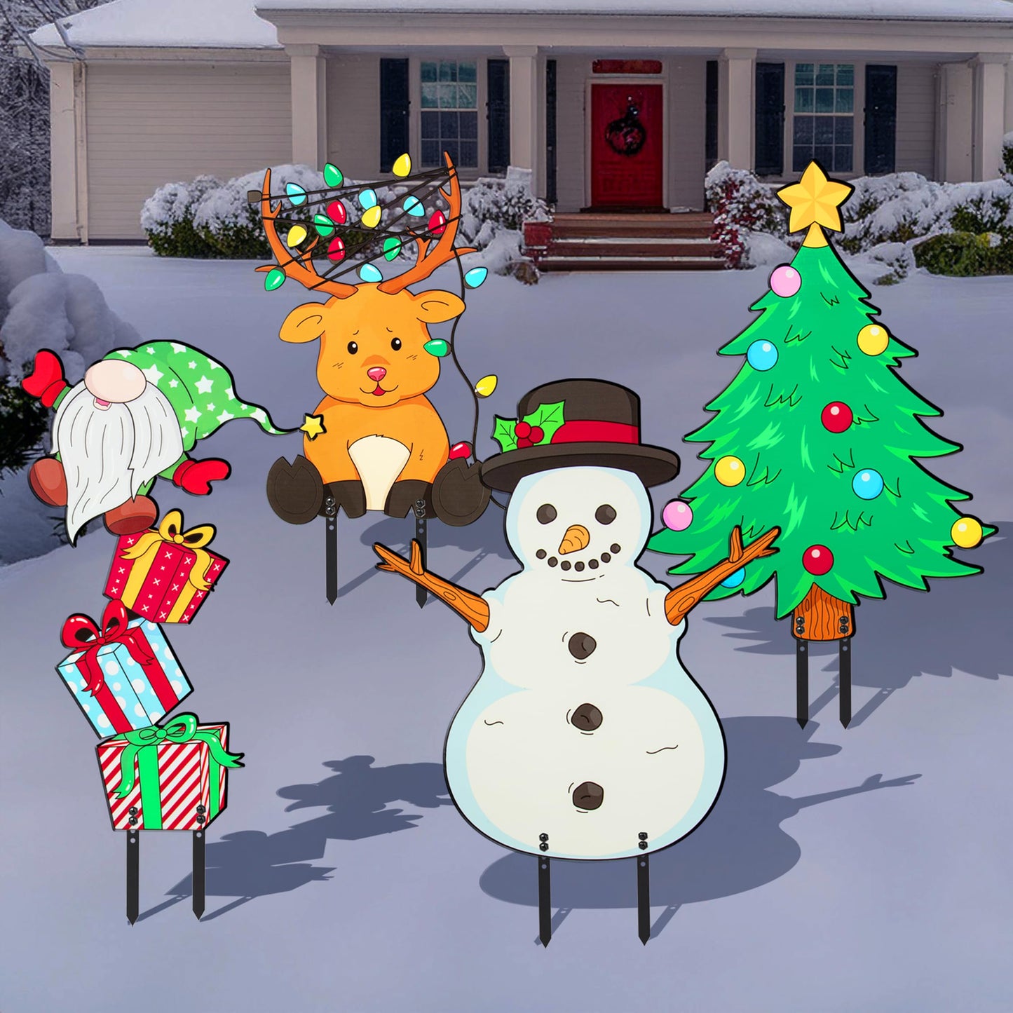 Christmas Metal Yard Signs- Set of 4 Different Adorable Designs- Large 16" Durable Outdoor Xmas Lawn Decorations w Metal Stakes for Easy Set Up- Make an Impact to Your Holiday Light and Garden Display