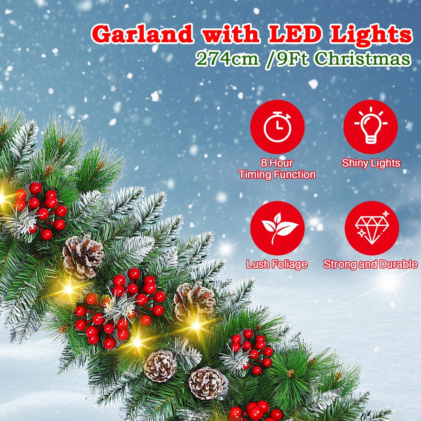 9FT Prelit Christmas Garland with Lights Decorations: Artificial Greenery Garland Battery Operated for Fireplace Mantle Stairs Windows Xmas Decorations, Indoor Outdoor Holiday Garland Decor