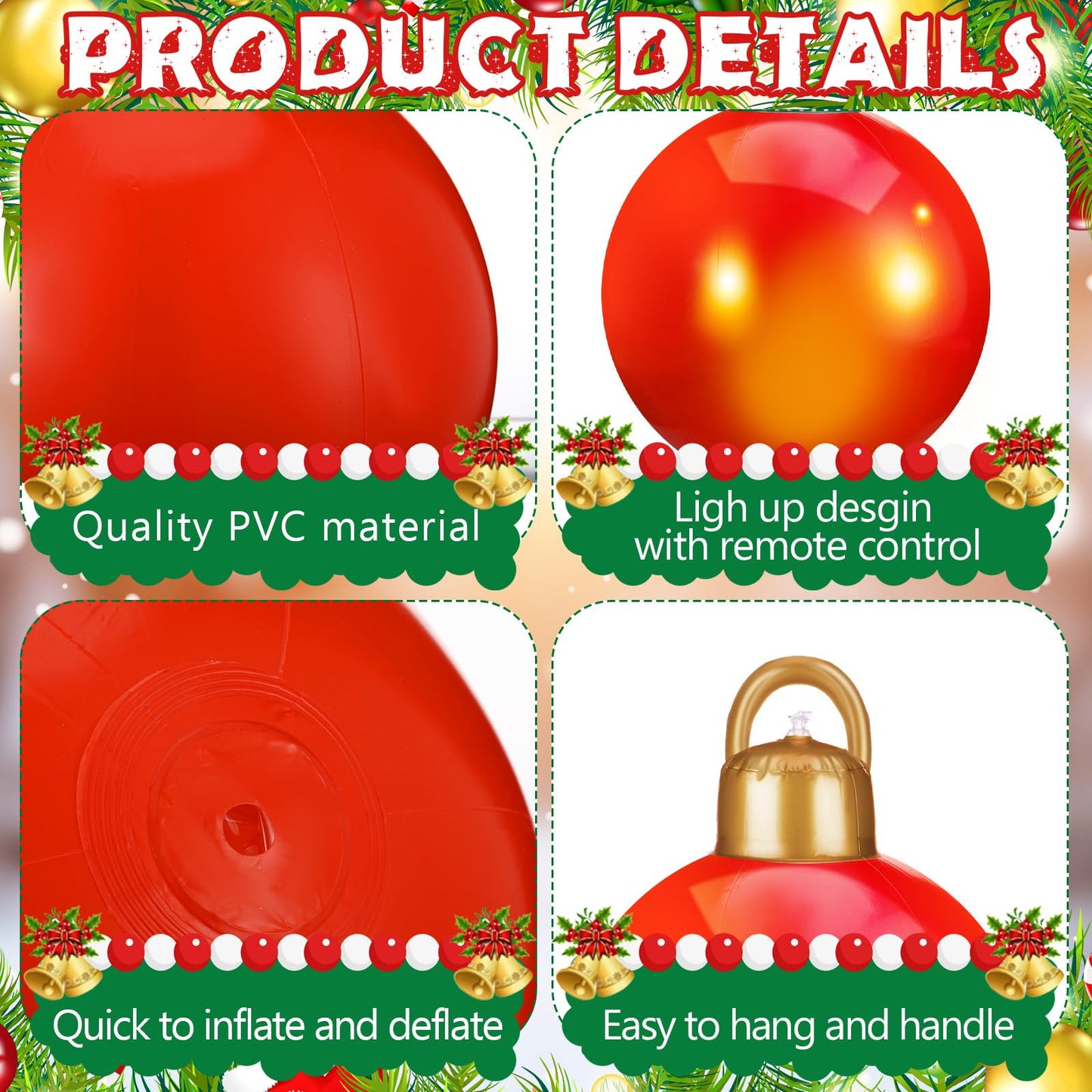 Jetec 8 Pcs 12 Inches Light Up Inflatable Christmas Balls Large Inflatable Christmas Balls PVC Giant Christmas Ornaments Oversized Christmas Balls for Holiday Garden Lawn Porch Tree