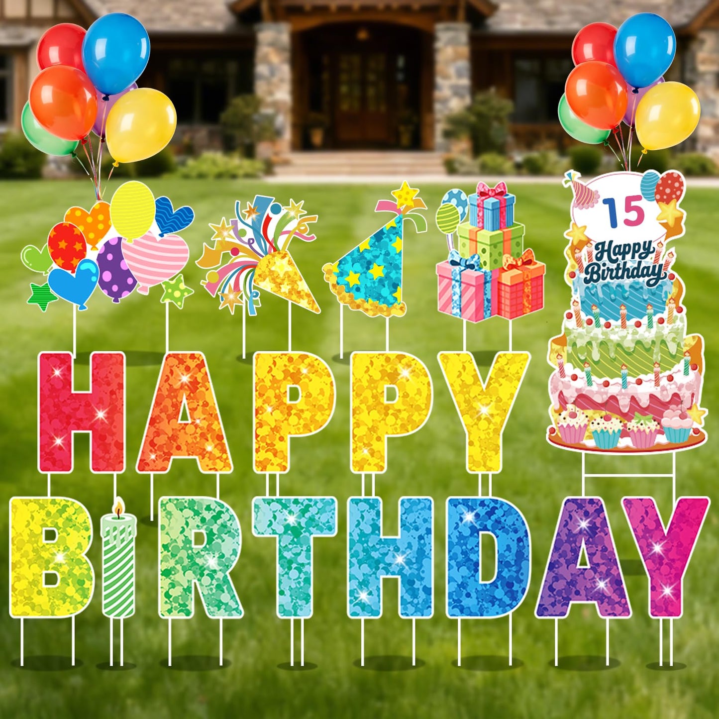 GXGGUS Happy Birthday Yard Signs Outdoor Decorations - 19 PCS Set with 16" Letters, 30" Large Cake Sign on H-Shaped Metal Stand, 32.8 Ft LED Lights & Stakes for Lawn Garden Party