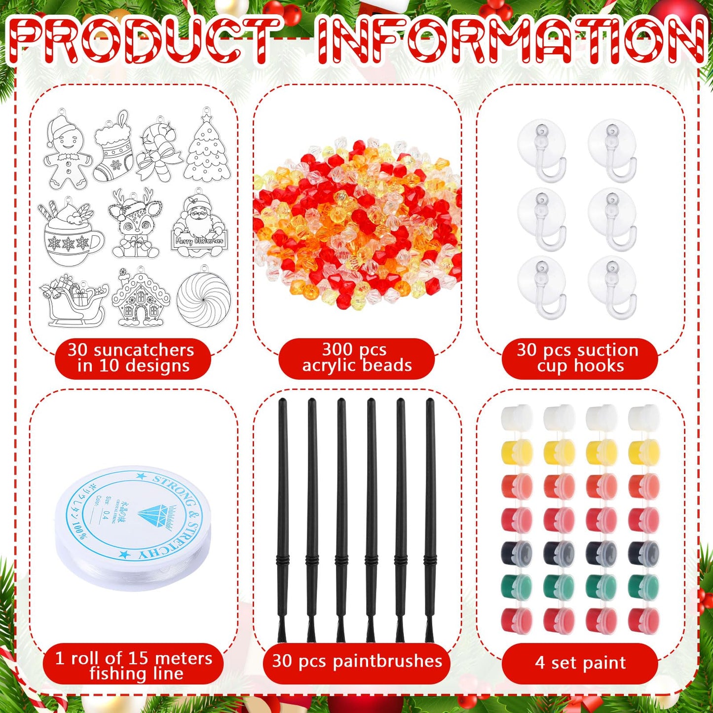 Beeveer 30 Sets Christmas Suncatcher Crafts DIY Window Paint Art Kit Snowman Gingerbread House Creative Xmas Window Ornament for Christmas Holiday Seasonal Home Activities Party Project