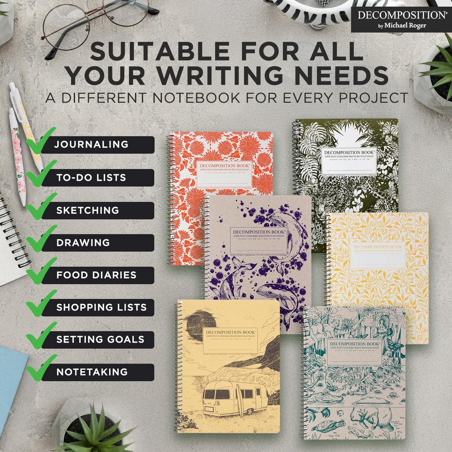 Decomposition Deep Stretch College Ruled Spiral Notebook - 9.75 x 7.5 Journal with 160 Lined Pages - 100% Recycled Paper - Cute Notebooks for School Supplies, Home & Office - Made in USA