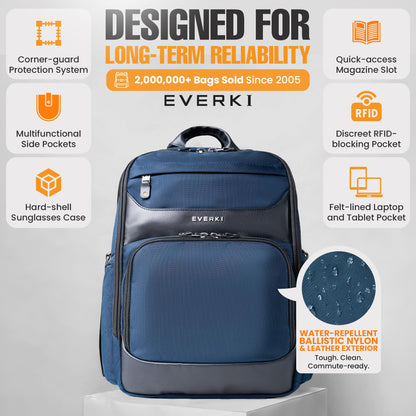 EVERKI Onyx 36L Business Laptop Backpack – Professional Travel Backpack for Men & Women, Laptop Bag with Premium Leather Ballistic & Nylon, Office & Flight Approved, Fits Laptops up to 17.3” - Navy