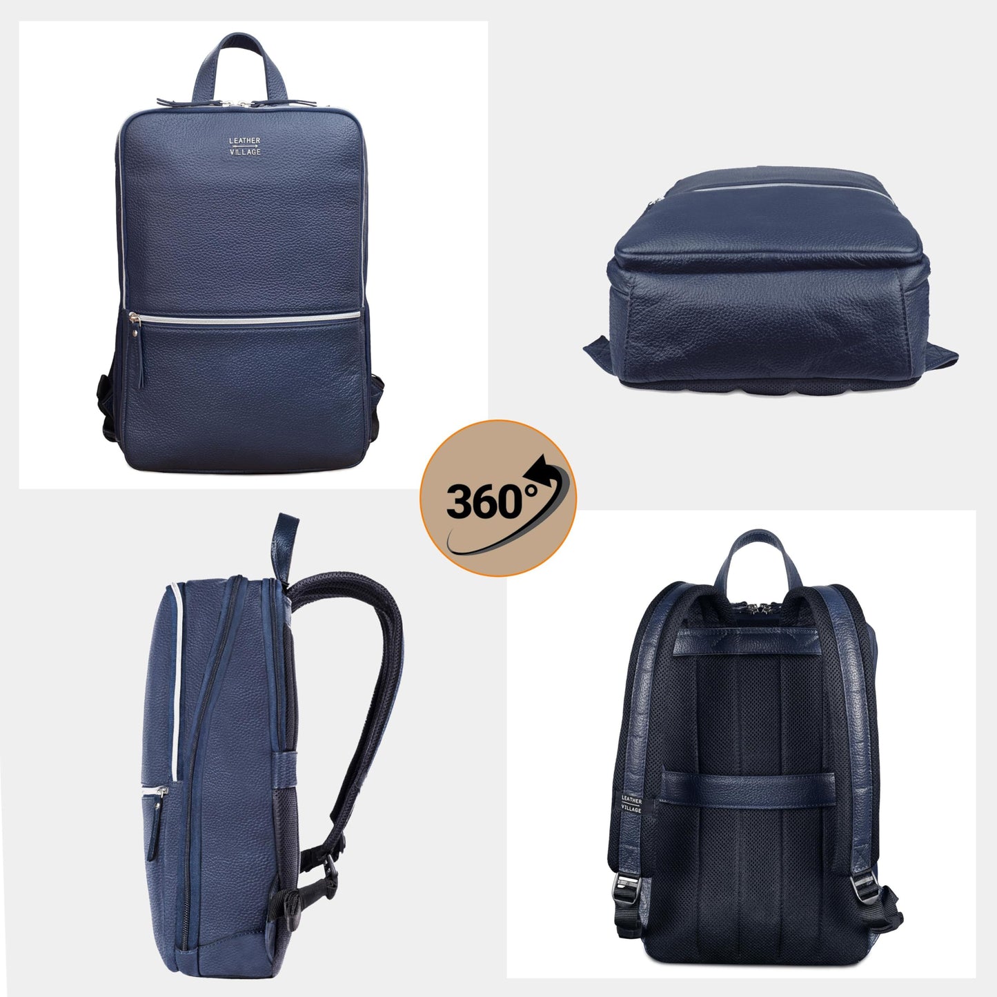 LEATHER VILLAGE Leather Laptop Backpack for Men | Blue | Slim Professional Business Bag Fits 15.6”-Laptop | Water-Repellent Work & Travel Daypack with Trolley Strap
