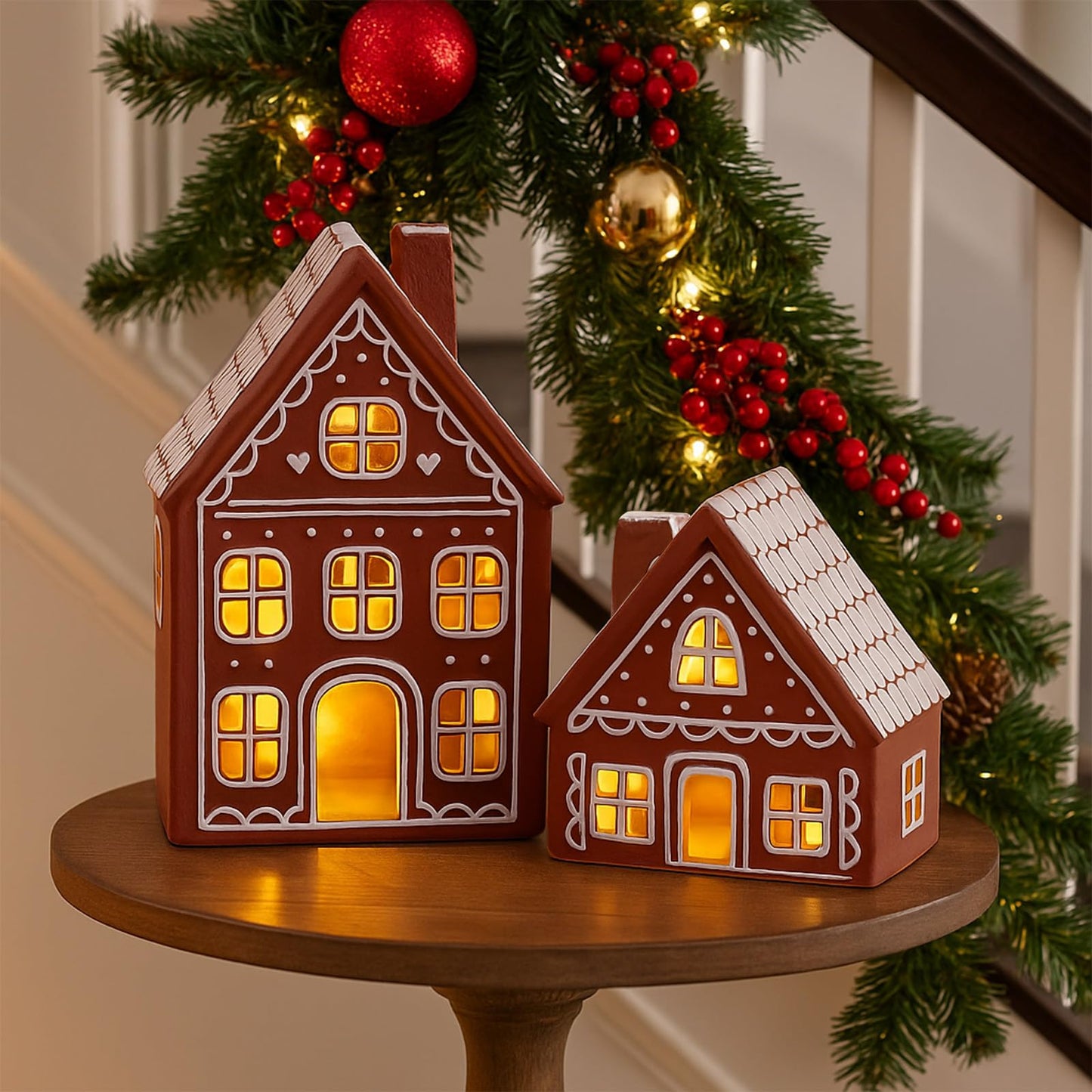 Funnymoom 2 Sets Lighted Ceramic Iced Gingerbread Houses Christmas Decorations Indoor Pre Lit LED Gingerbread Houses Christmas Kitchen Tabletop Decor for Table Centerpiece Xmas Holiday Party Gifts