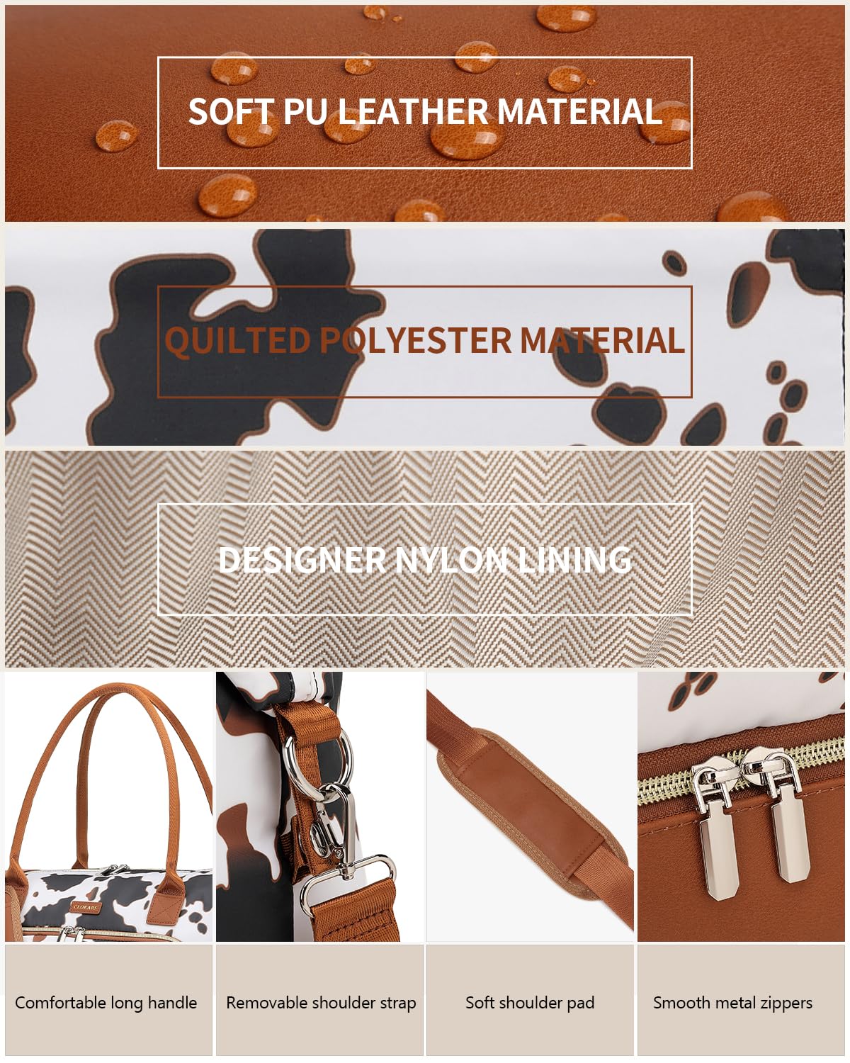 CLOKARS Weekender Bags for Women, Travel Duffle Bag Carry On Overnight Bag with Cosmetics Bag and Crossbody Purse for Gym Hospital, Gifts for Women, Cow Print Brown