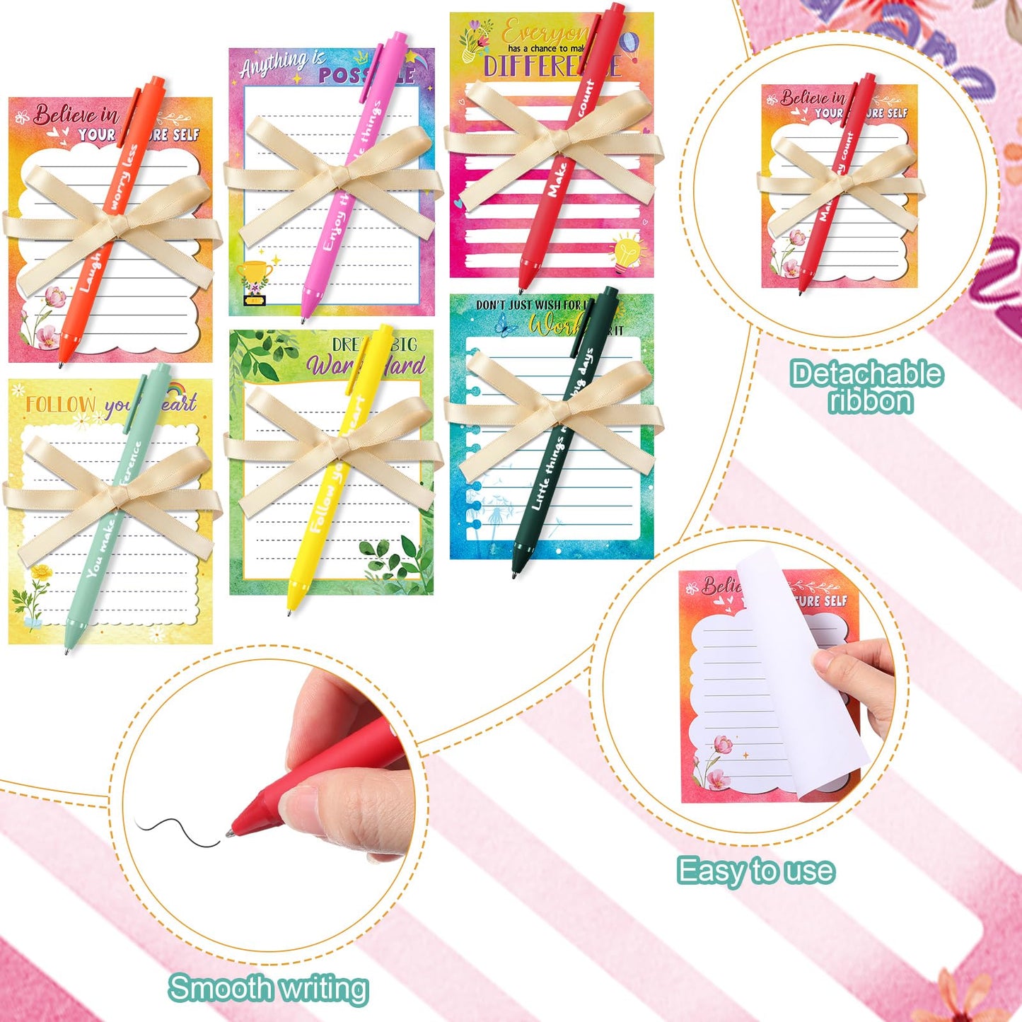 Yeaqee 12 Set Employee Appreciation Gifts 12 Empowering Sticky Notepads 12 Pens 12 Ribbons Motivational Sticky Notes Inspirational Pens for Office Supplies(Watercolor)