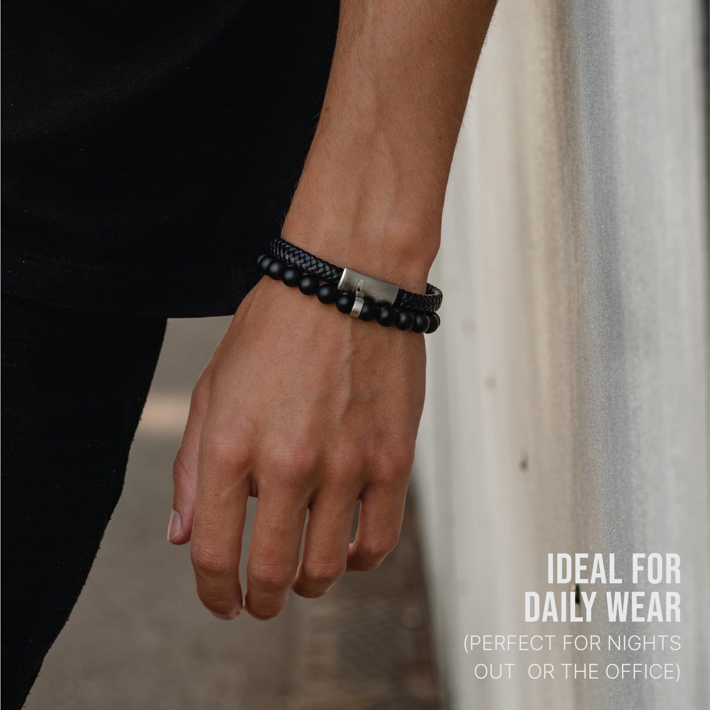 LUXAR Men’s Black Onyx Stone Bead Bracelets | Matte Black 8mm Stone | Minimalist, Designer Jewelry for Men (925 Silver, Small)