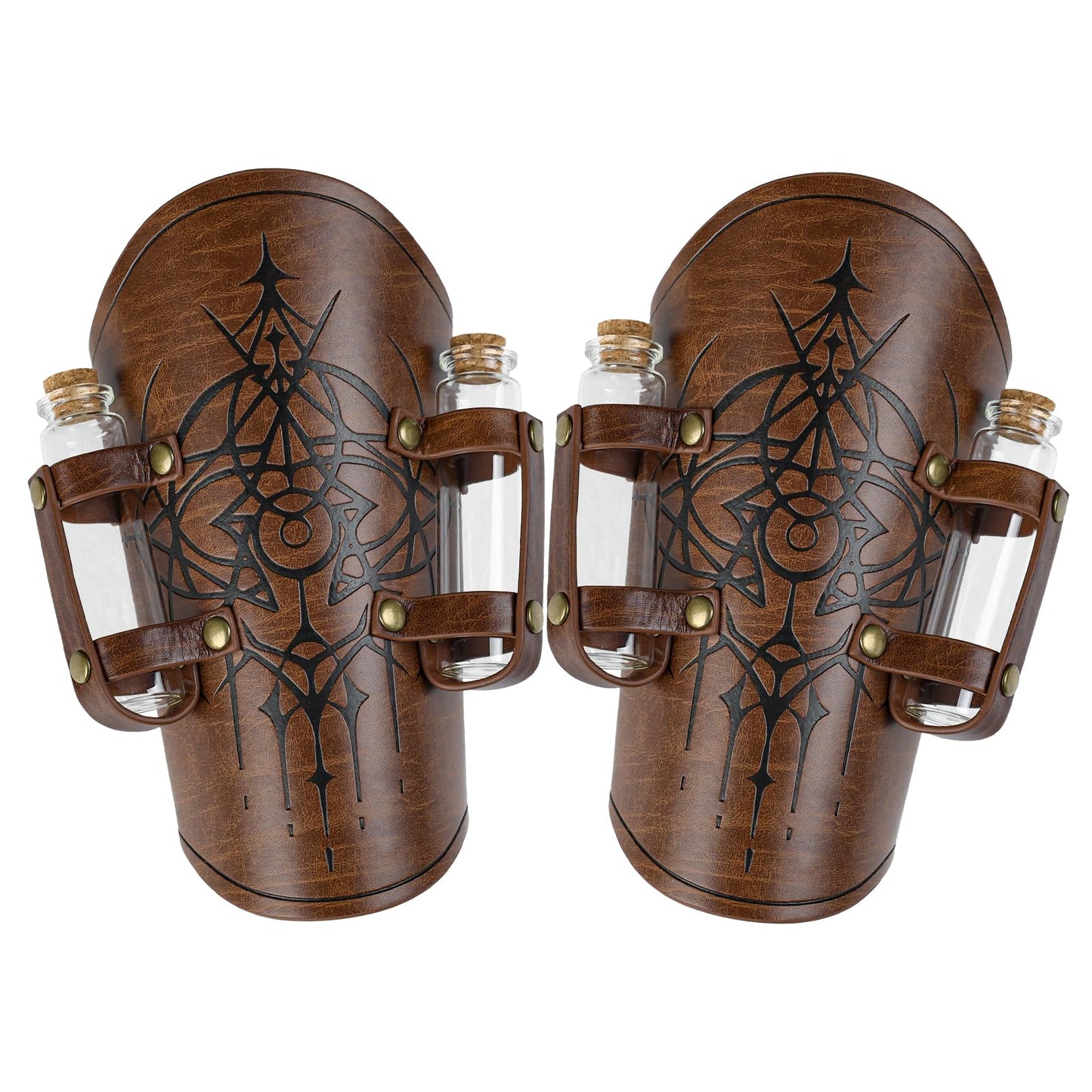 HiiFeuer Women’s Medieval Embossed Alchemy Bracers with 2 Cork Vials, Fantasy Faux Leather Buckle Arm Guards Archer Gauntlets (Brown B)