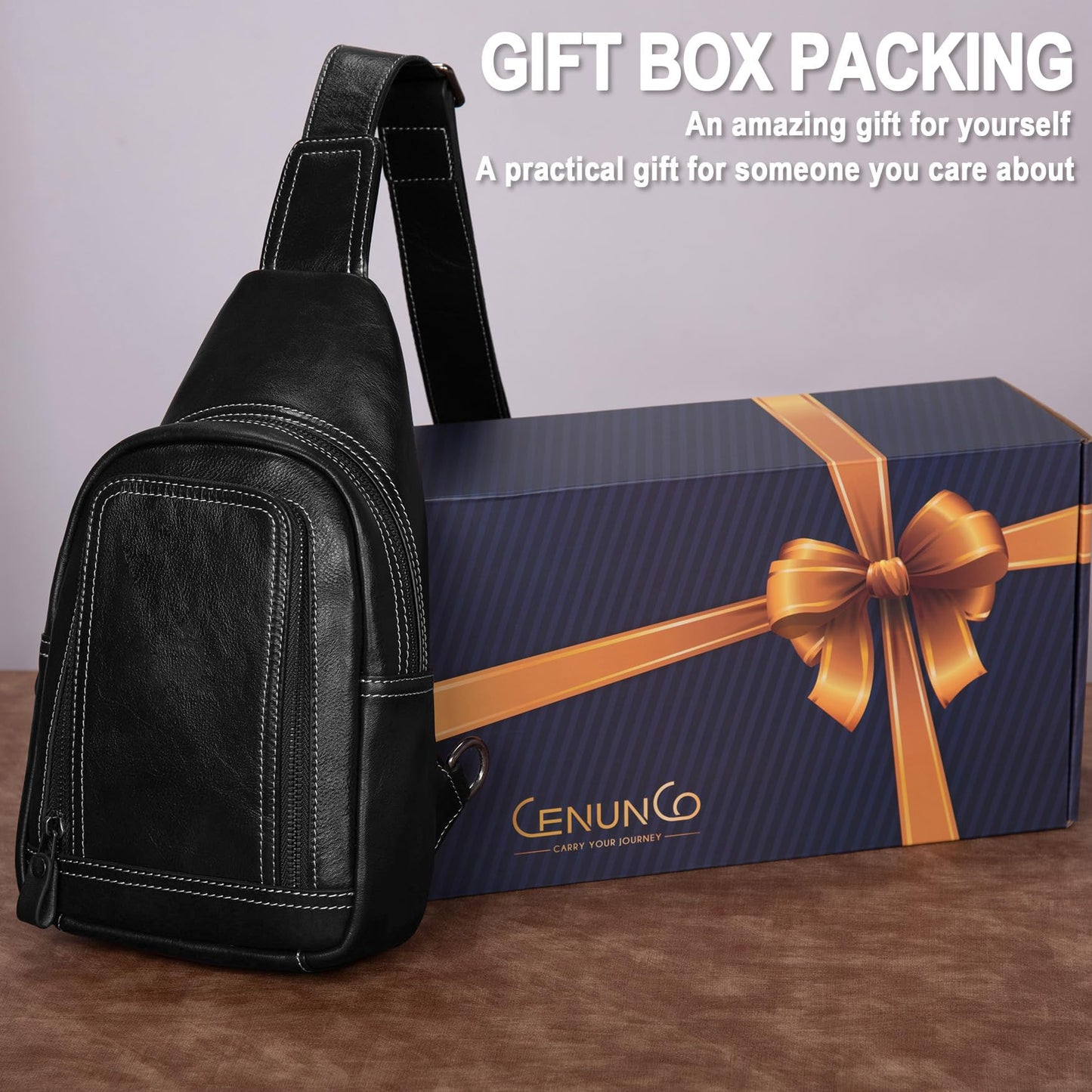 CENUNCO Genuine Leather Sling Bag Crossbody Chest Bag Sling Backpack Purse (Black)