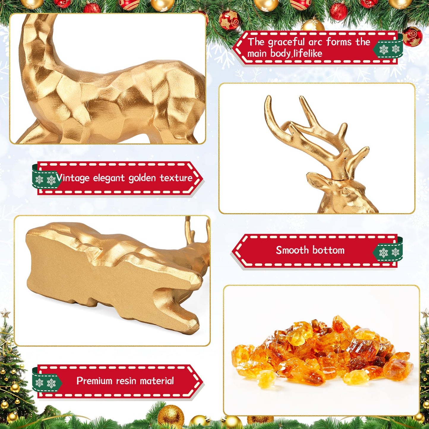 DARCKLE 4-Piece Gold Christmas Tree Figurines and Resin Elk Sculpture Small Resin Christmas Trees,Tabletop Tree Artificial Animal Crafts for Indoor Home Decor,Tabletop Mantle Cabinet Desktop Offic